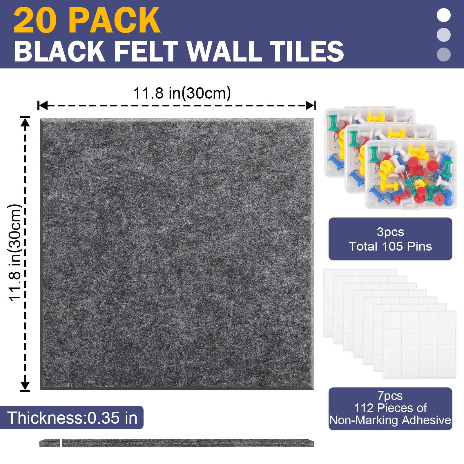 Cork Boards for Walls 48" x60”, 20 Pack Grey Bulletin Board, Reusable Felt Wall Tiles with 105 Pins and Non-Marking Adhesives, Cork Board for Office Pin Board
