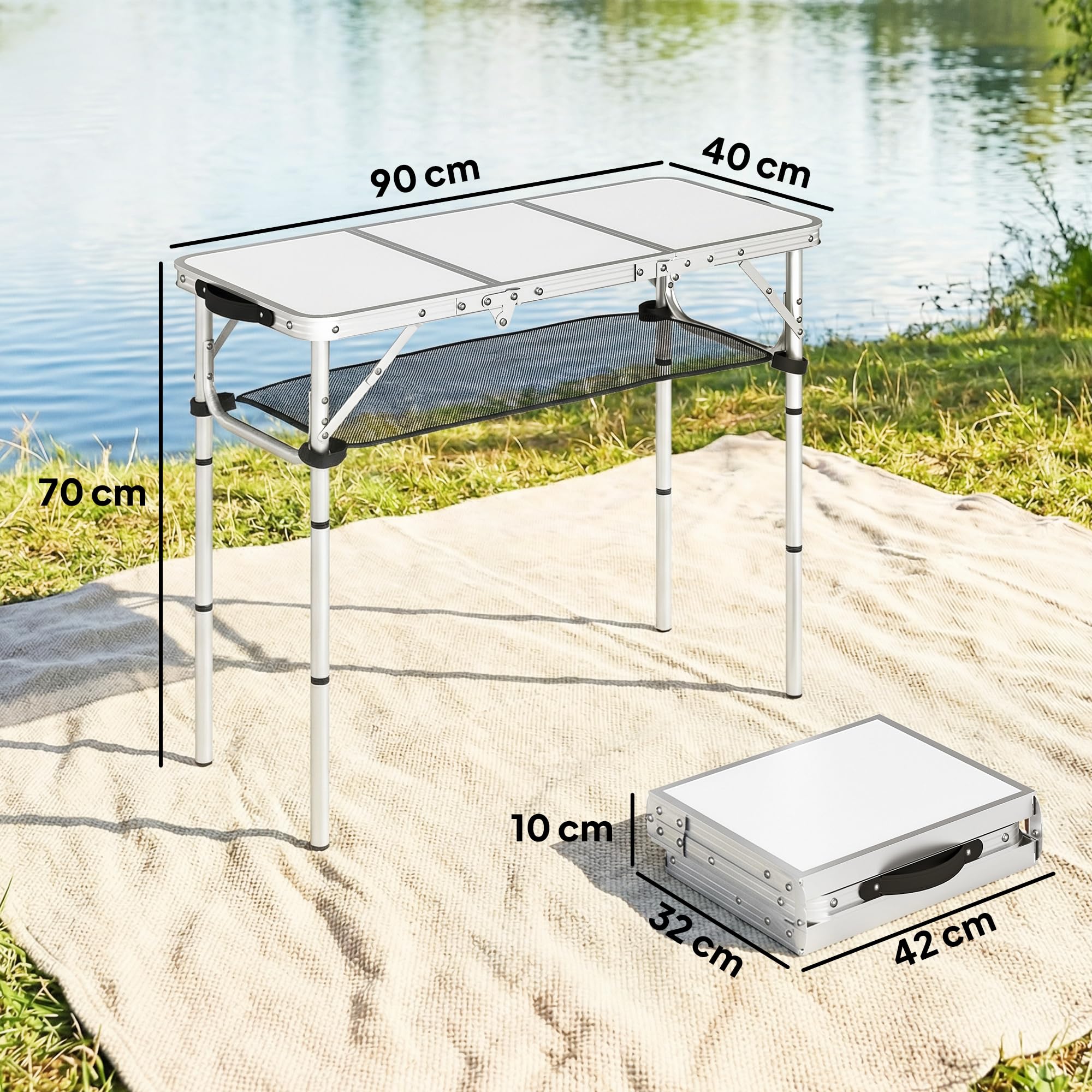 Mesa plegable de camping Outsunny de 91 cm, mesa de picnic con capa de almacenamiento de malla, bolsa de transporte y estructura metálica, portátil para jardín, parque, barbacoa, color blanco crema.