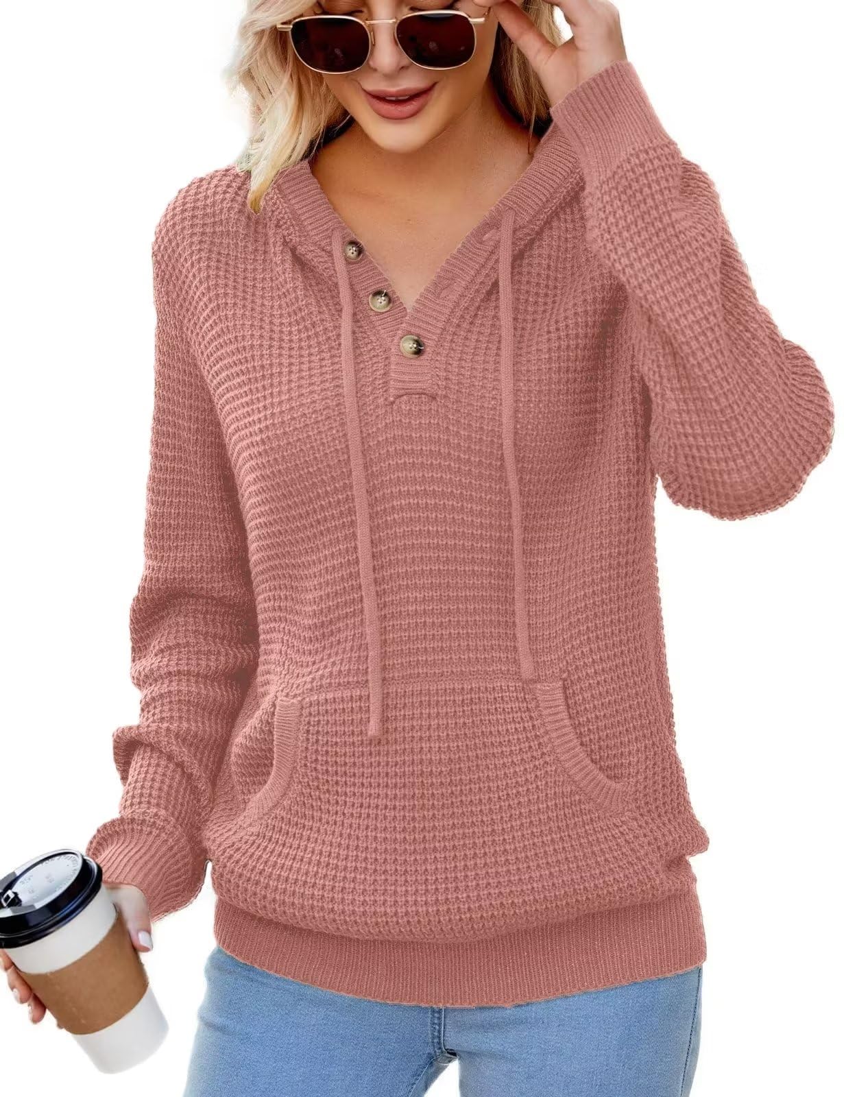 CiCiBird Women Fall Hoodies Sweater Knit V Neck Tops Oversized Fashion Pullover Casual Long Sleeve Shirts with Pockets Pink L