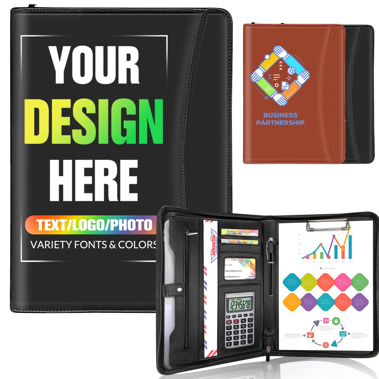 Personalised Leather Padfolio with Zipper Custom Business Padfolio Binder with Logo/Text/Photo Customised Professional Portfolio Folder for Men Women, Personalised Gifts(Black)