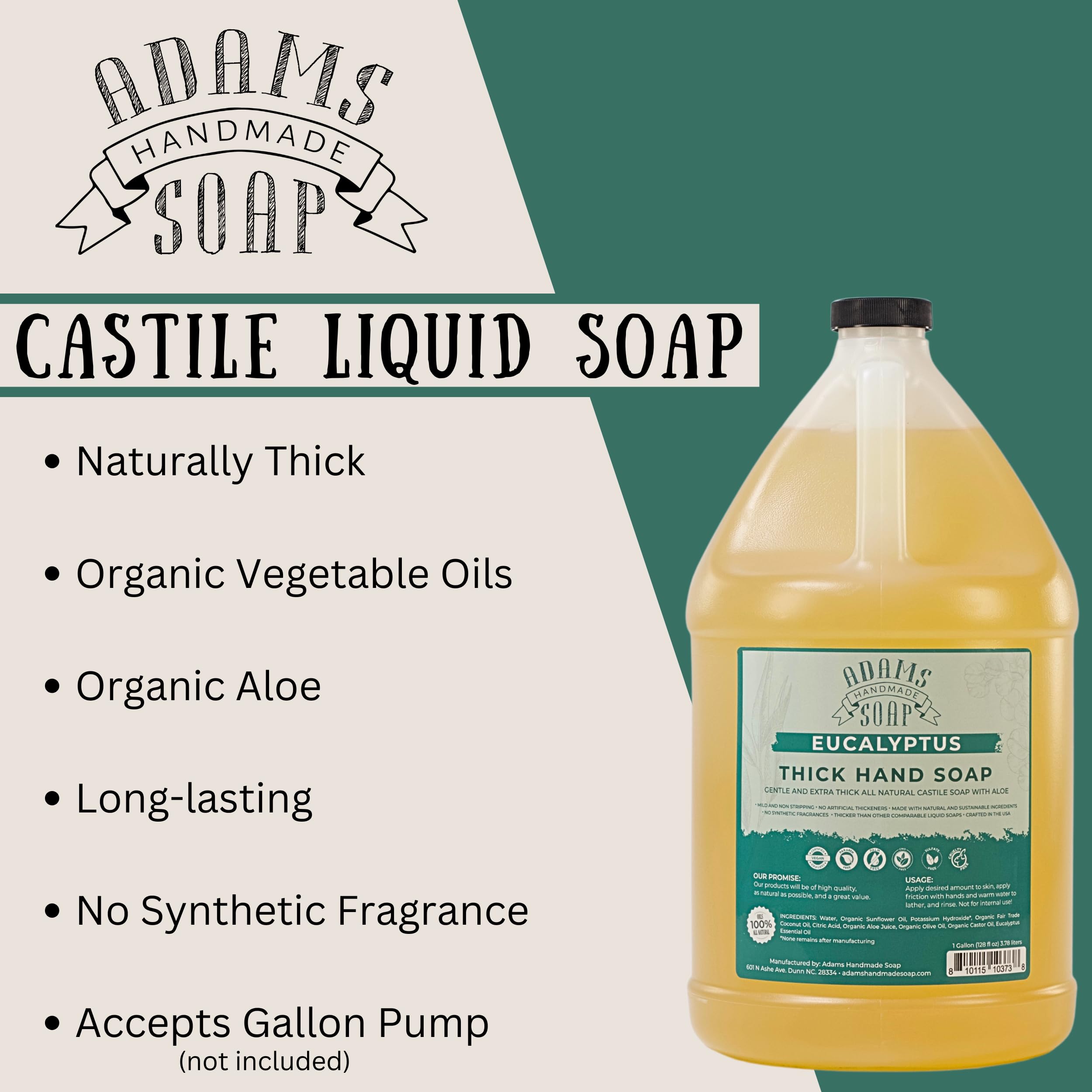 Adams Handmade Soap Recambio de jabón líquido orgánico de Castilla 3.8L eucalipto