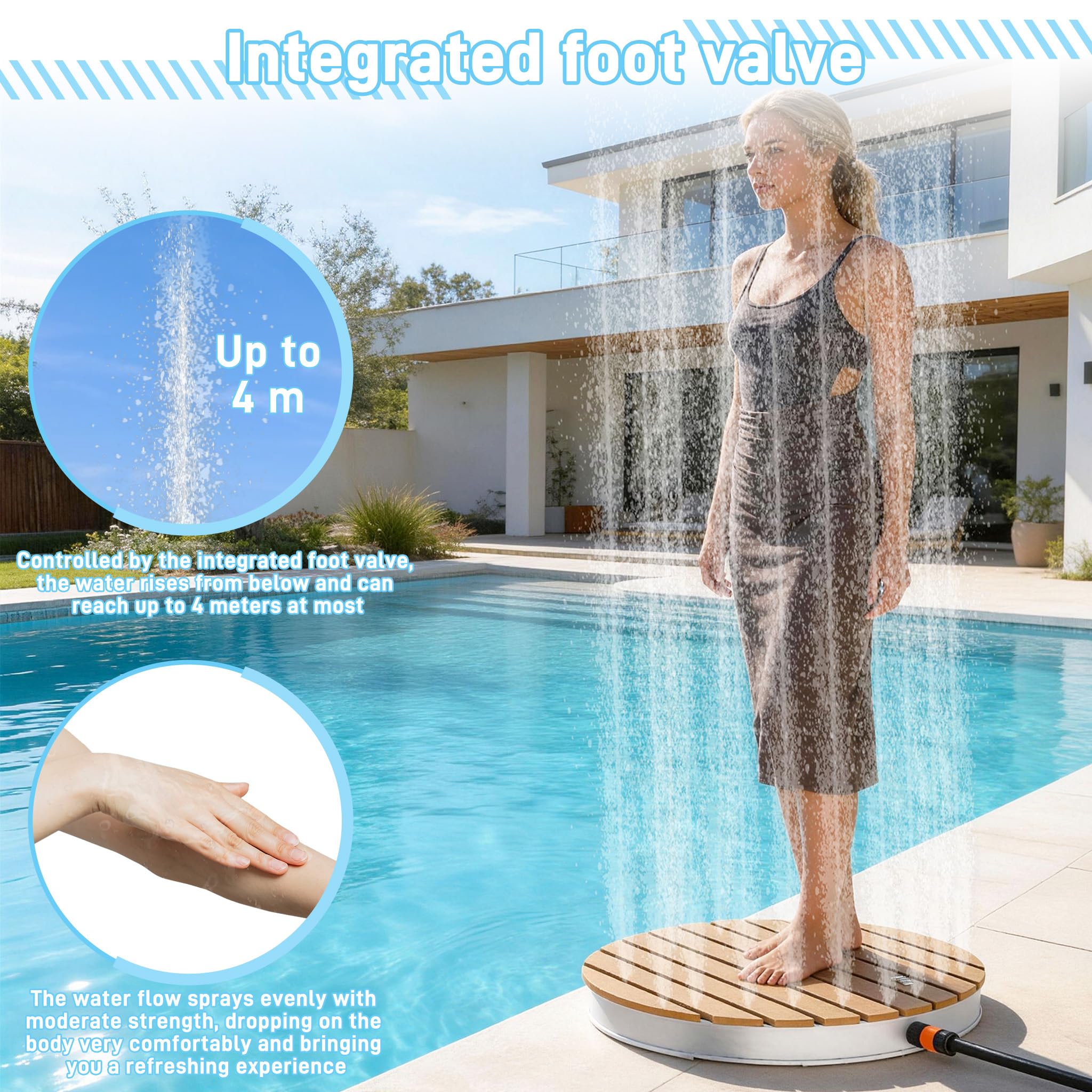 UISEBRT WPC Gartendusche Bodendusche mit Fußrad bis 4 m Fontänenhöhe,rutschfest wetterfest Frost- & UV-Beständig Außendusche für Pool, Camping, Sauna, Hundewäsche,Braun Rund (Ø 70cm)
