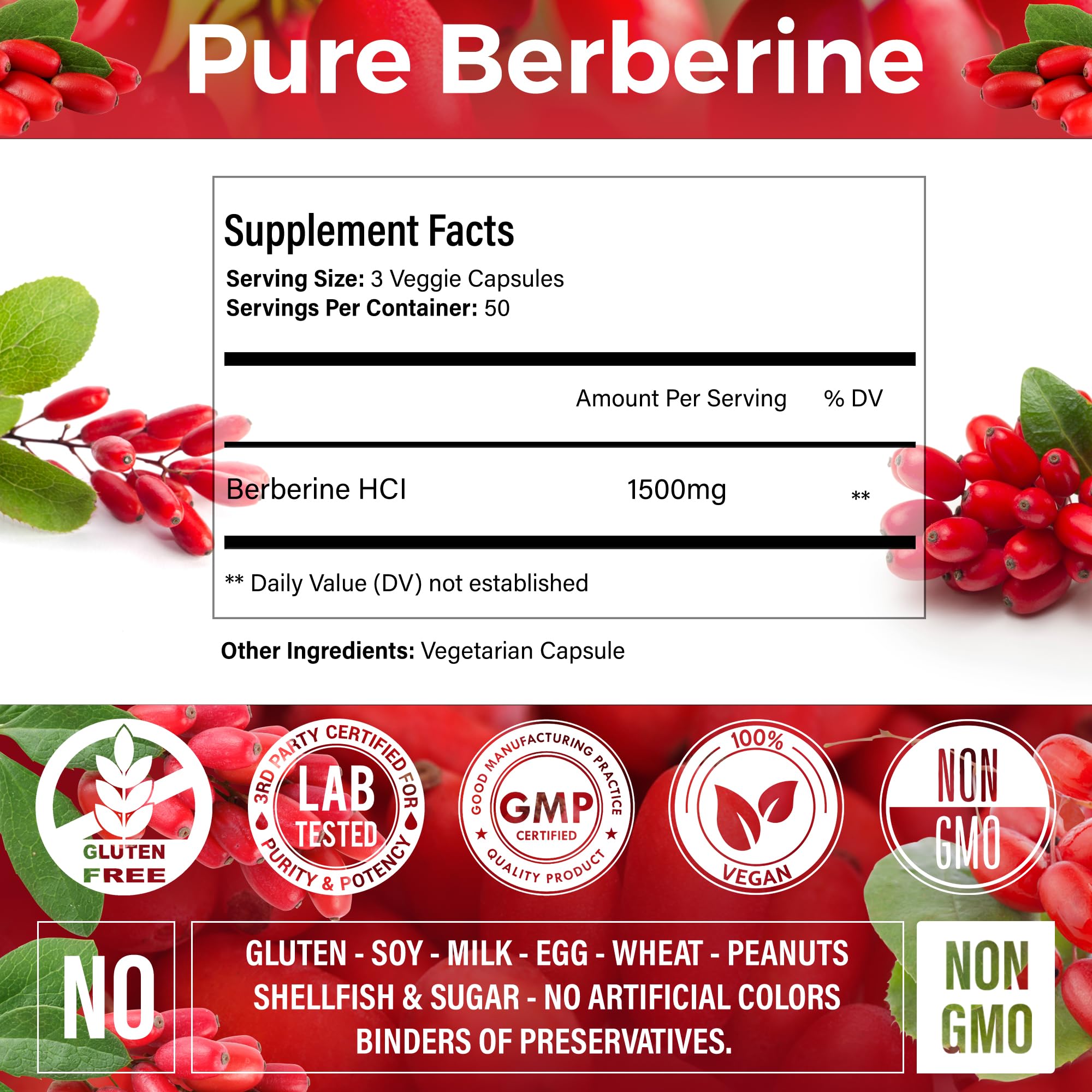 Premium Berberine Supplement, 1500mg Berberine Per Serving, 150 Capsules, 100% Pure, Support Immune System Function, Non-GMO, Gluten-Free