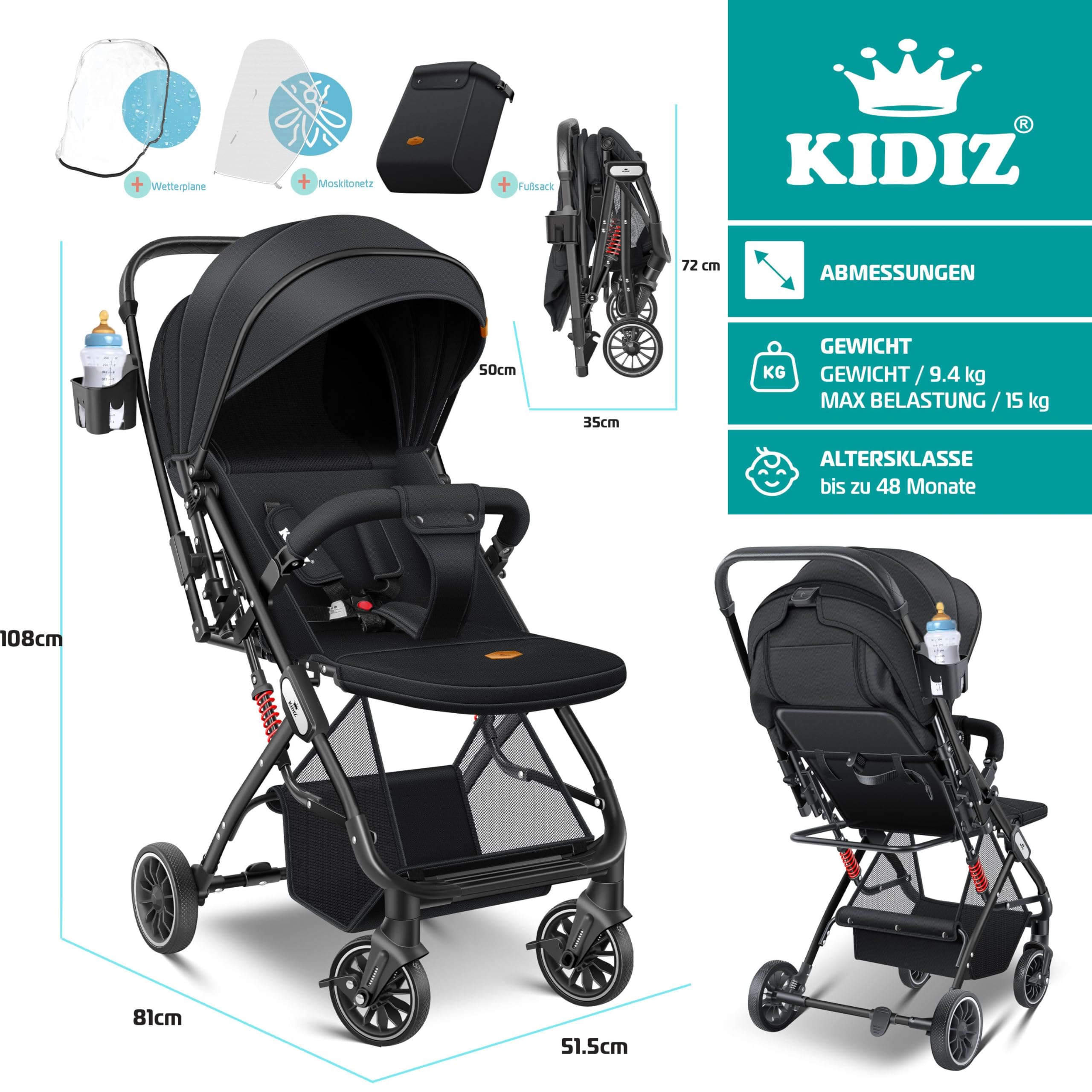 KIDIZ Passeggino Pieghevole per Bambini Sportivo con Ruote 360° Cinghia 5 Punti Sacco a Piedi Copertura Antipioggia