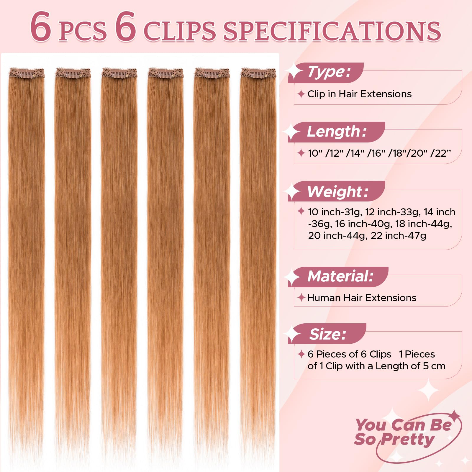 SEGOHAIR Clip in Hair Extensions Real Human Hair 6Pcs Light Auburn Double Weft Hairpieces Straight Highlights Hair Extensions Clip in Seamless 14inch 36g - Image 2