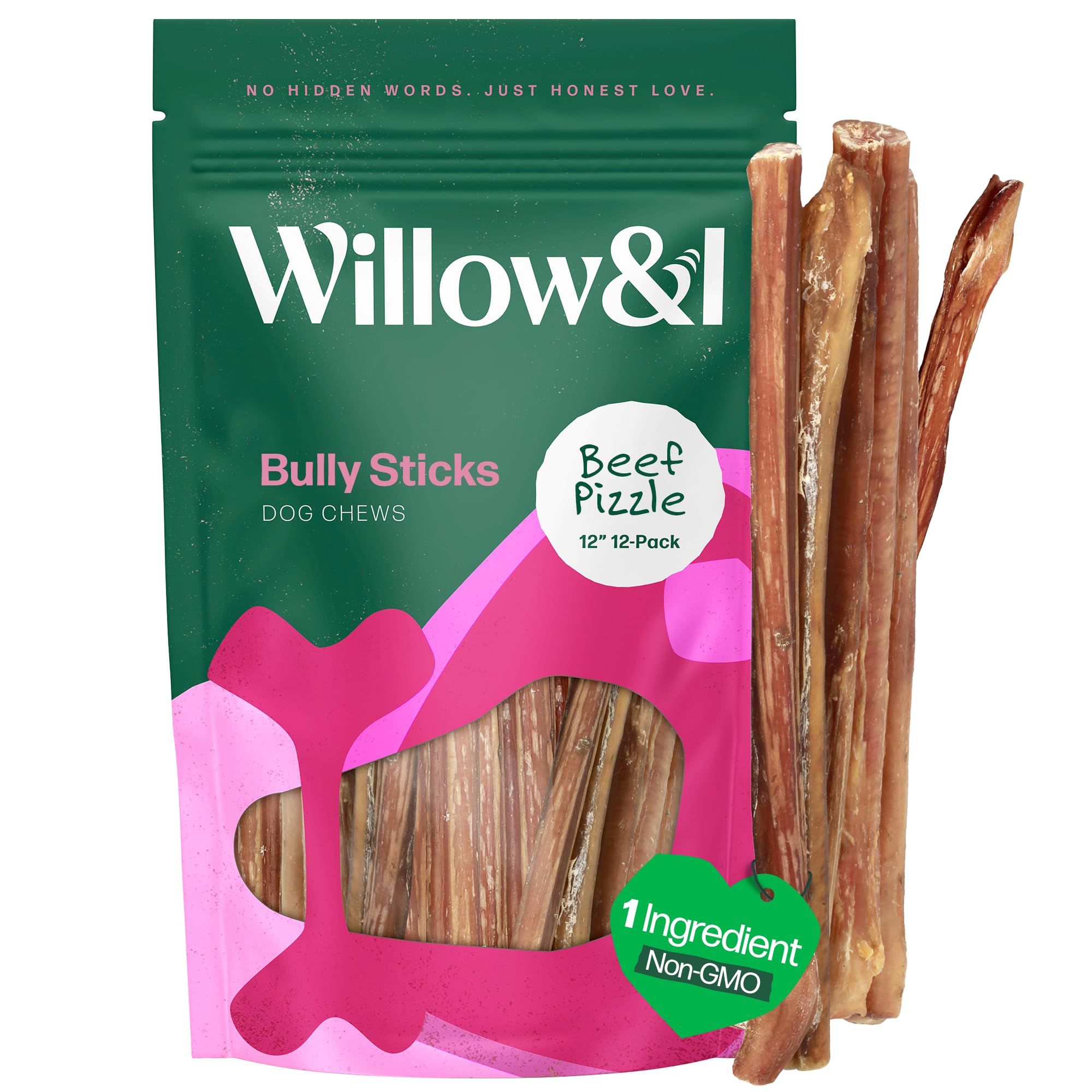 Willow&I Bully Sticks for Dogs -12 Inch Natural Bully Sticks for Medium, Large & Small Dogs- Premium 100% Grass Fed, Single Ingredient, Long Lasting, High Protein, Odor Free (12", 12 Pack)