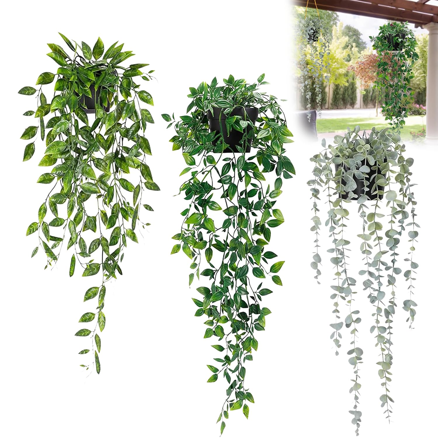 VCANIVR 3 Stück Hängepflanze Künstlich mit Topf Kunstpflanze Hängend, Künstliche Hängepflanzen wie echt Artificial Plants Plastikpflanzen Deko für Indoor Outdoor Draußen Garten