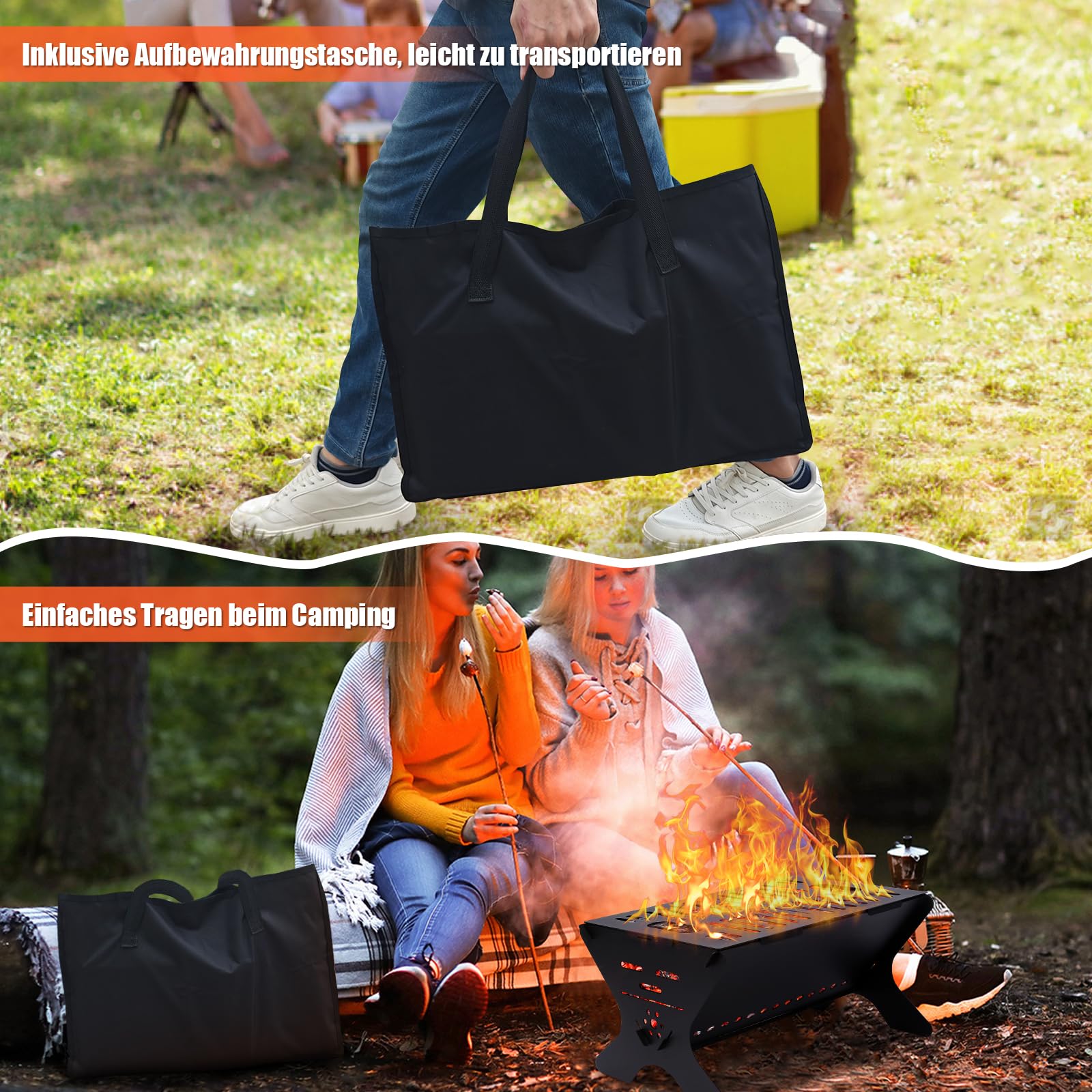 GFTIME Premium Outdoor Feuerstelle Tragbare, klappbare Feuerstelle mit Kohlerost für Camping, Terrasse & Garten, inklusive Tragetasche & Handschuhe (46 x 32cm)