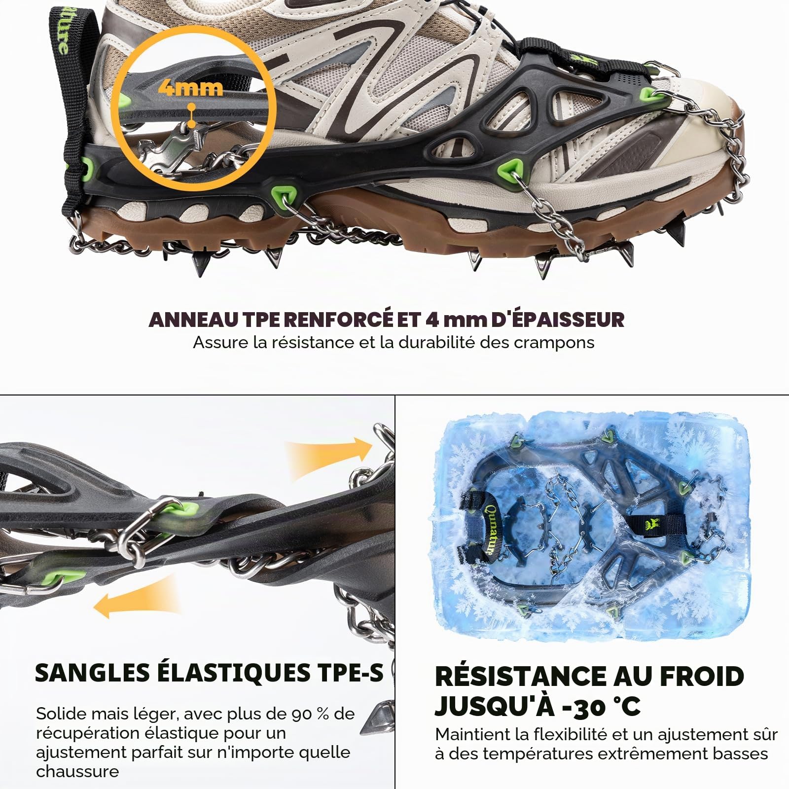 Crampons Antidérapants avec 22 Pointes en Acier Inoxydable, Chaussures d’Alpinisme Antiglisse pour Homme Femme, Randonnée, Trail, Pêche sur Glace, avec Pochette, Noir Vert, S/M/L