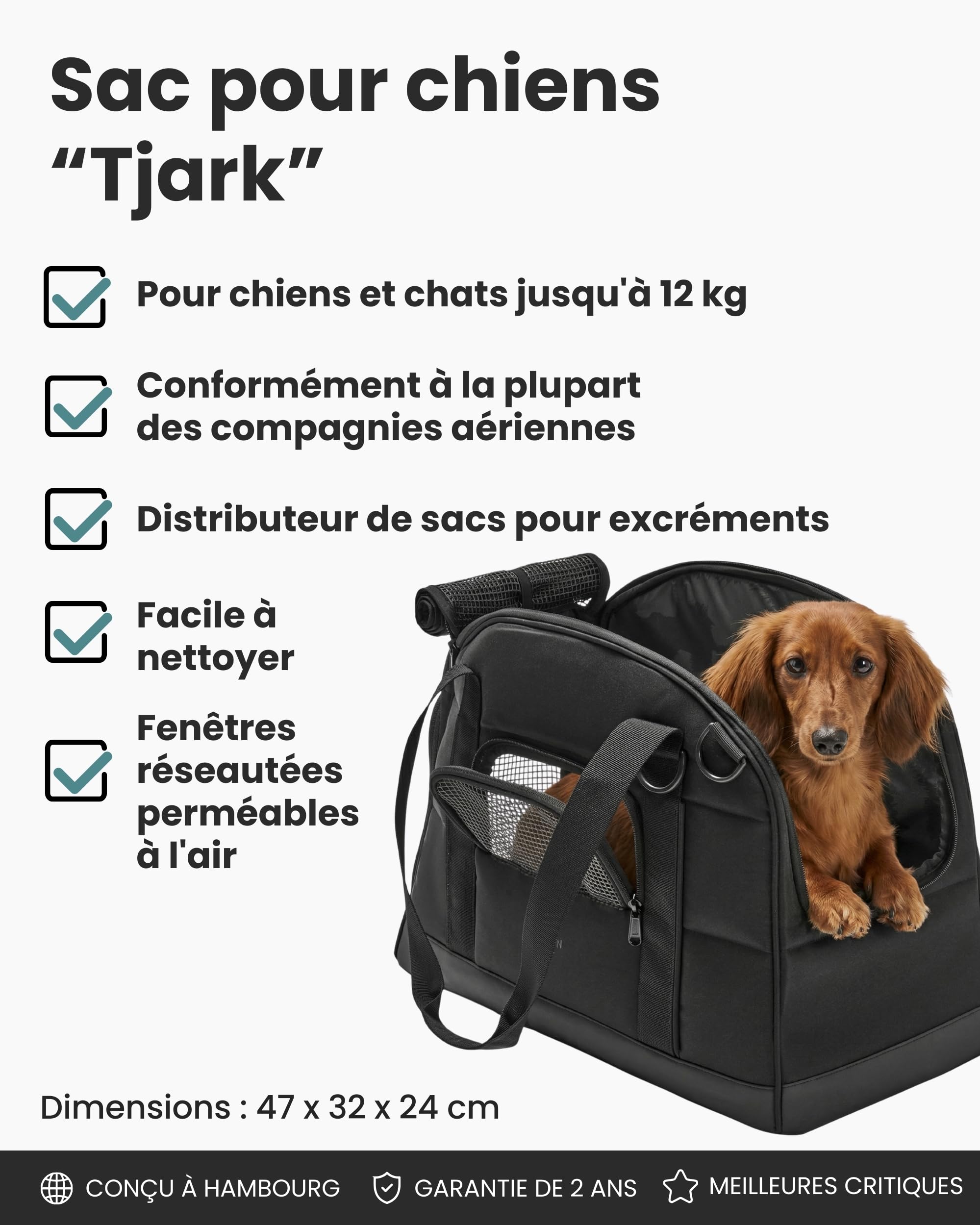 Larkson Sac de Transport pour Petits Chiens jusqu'à 12kg Noir - Tjark - Cage de Transport pour Avion - Sac pour Voyager avec Chien & Chat - Conforme aux Normes de la Plupart des Compagnies Aériennes