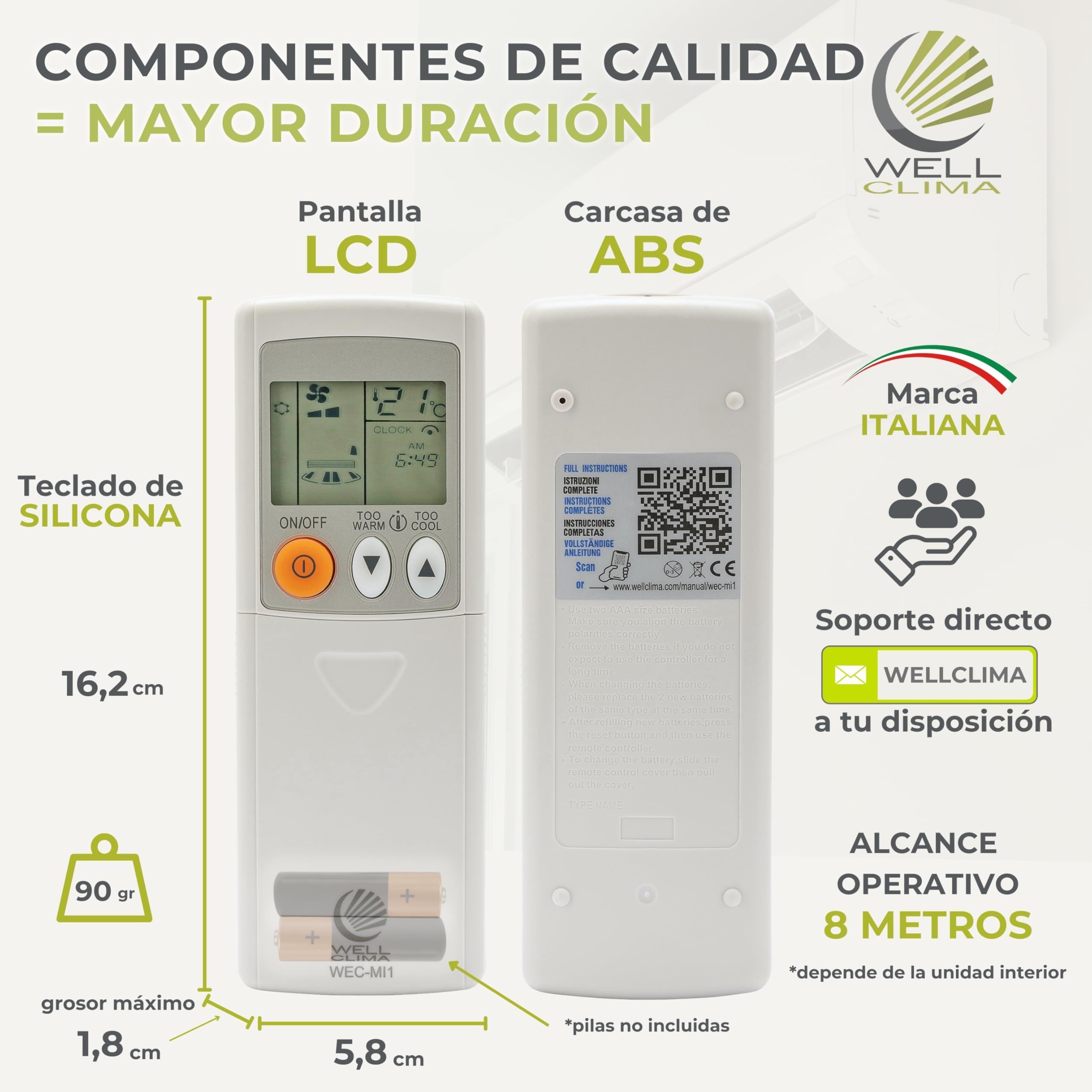 Wellclima Control Remoto Universal WEC-MI1 para Aire Acondicionado Mitsubishi, Listo para Usar en Segundos, Compatible con Bomba de Calor e inversor, compatibilidad Garantizada