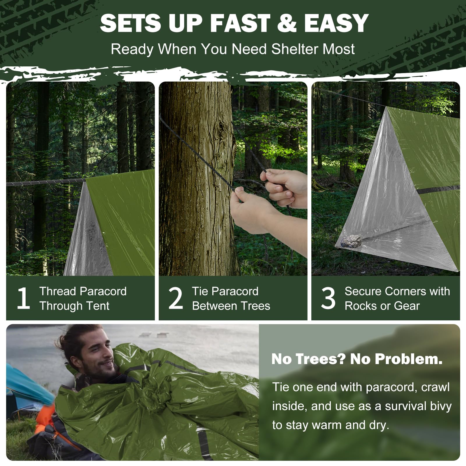 Tente de survie d'urgence – Tente de survie pour 2 personnes en Mylar avec sifflet d'urgence et paracorde, équipement de survie essentiel pour le camping, la randonnée et les kits de survie