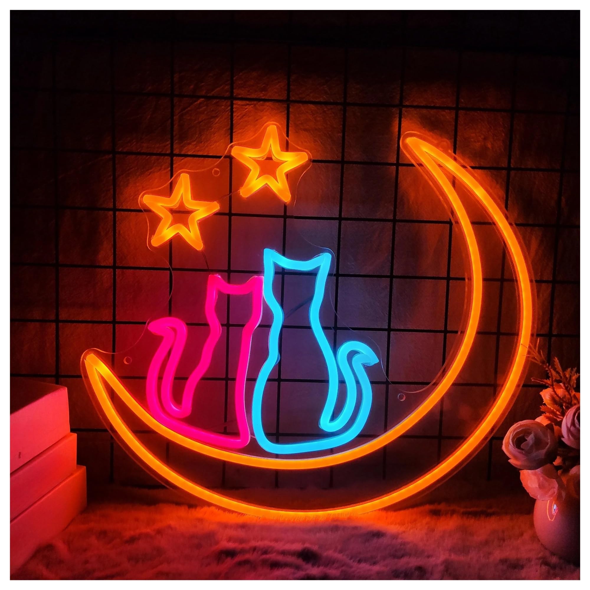 LEMST Signs Lamp Cat Neon Lights Acrylic Neon Signs USB Powered, Adjustable Brightness Star Moon Neon Lights Suitable for Pet Shop Decor 45cmx50cm