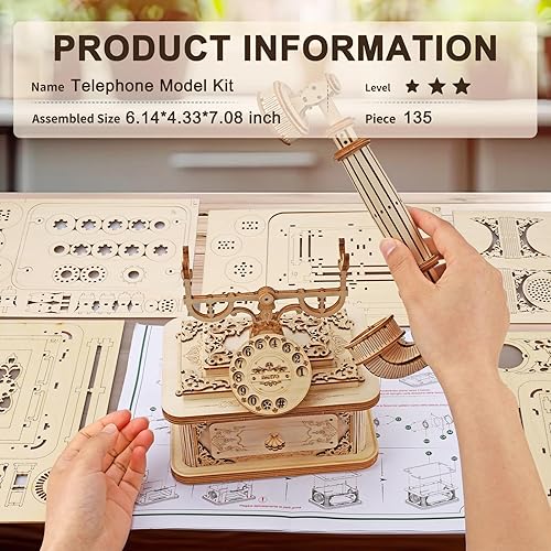 Miniatura 6 de 3D Wooden Puzzle for Adults - Retro Telephone Model Kit, 135 Piece Steampunk DIY Craft Decor, Unique Desktop Decor & Ideal Christmas Birthday Gift