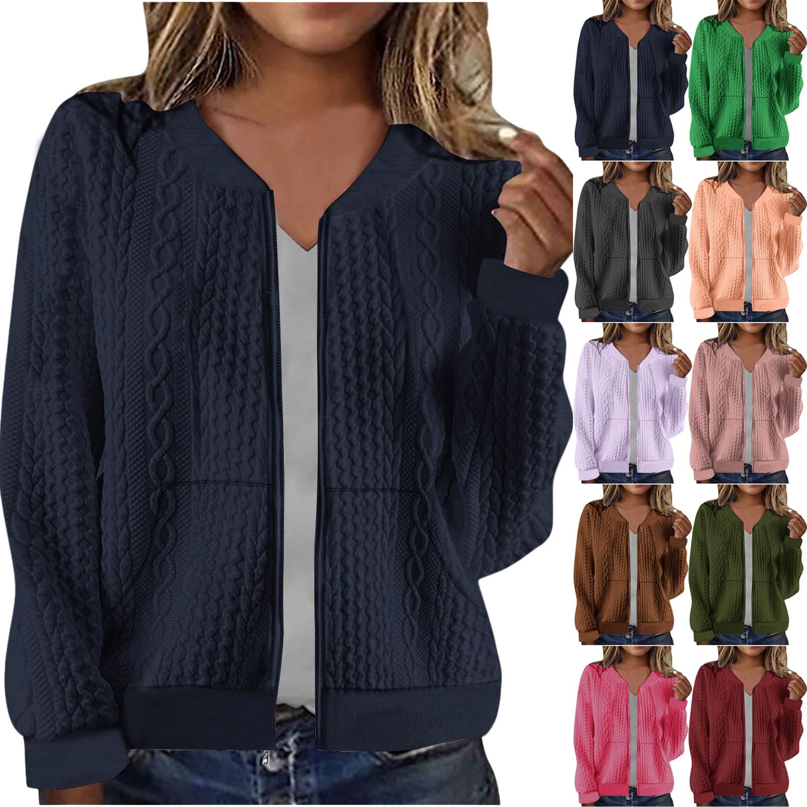 Womens Cable Knit Zip Up Cardigan Sweater Long Sleeve Open Front Sweaters Jacket with Pockets