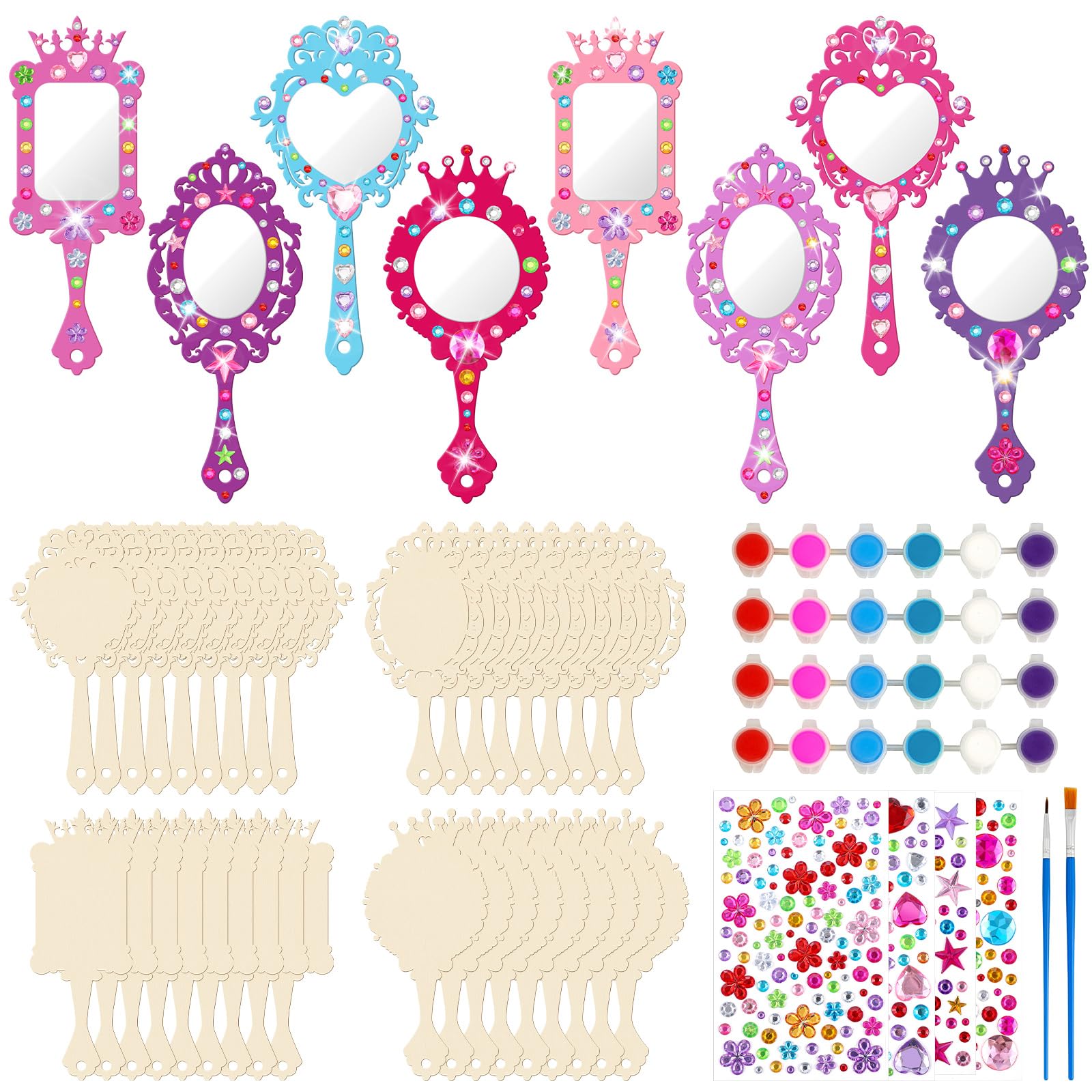 Juexica 36 Sets Wooden Mirror Craft for Girls Kid DIY Decorate Your Own Princess Mirror Unbreakable Paint Hand for Princess Tea Party Gift for Back to