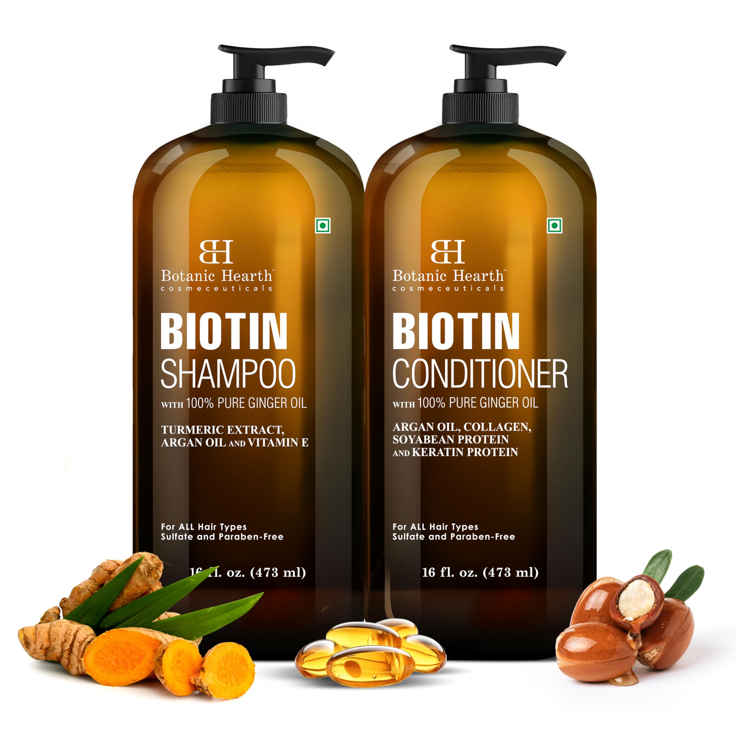 Botanic Hearth Biotin Shampoo and Conditioner Set - with Ginger Oil & Keratin for Hair Loss and Thinning Hair for Men and Women - Sulfate Free, 16 fl oz each