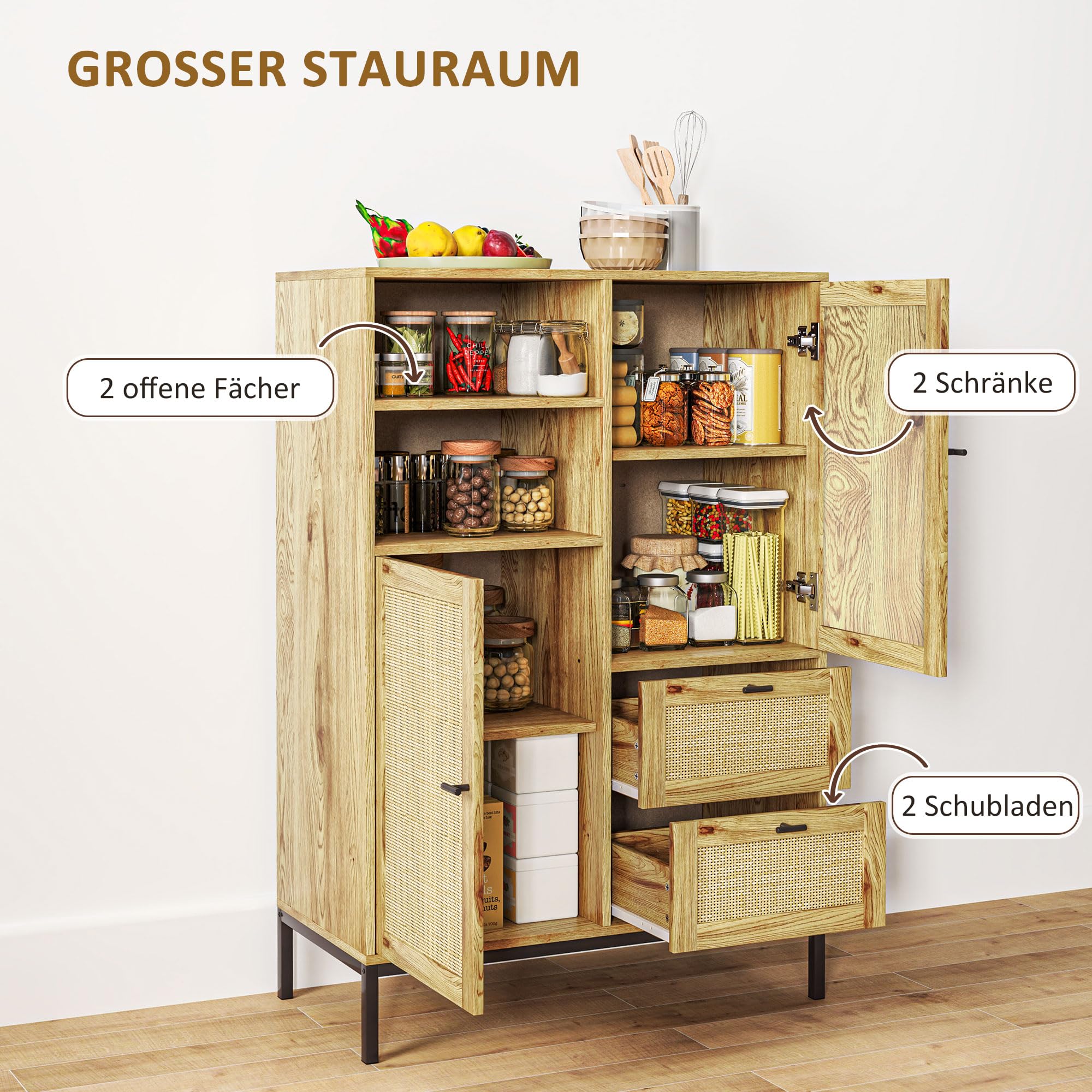 PREMTURE Rattan Kommode Mit 6 Schubladen - Stilvolle Esszimmeranrichte Mit Goldenen Griffen (120x34x74.5cm)