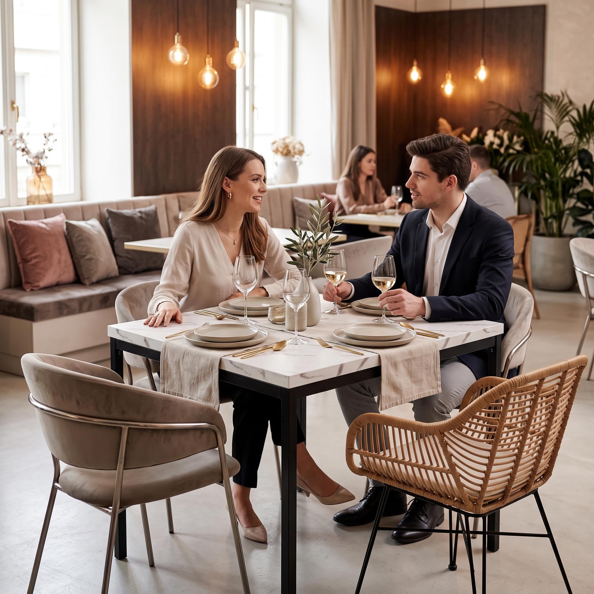 FurnitureR Tavoli da ristorante in finto marmo bianco, stile elegante per 4-6 persone, vassoio in legno spesso con struttura in metallo, per caffè, pasticceria, sale di reception, 120 x 70 x 75 cm