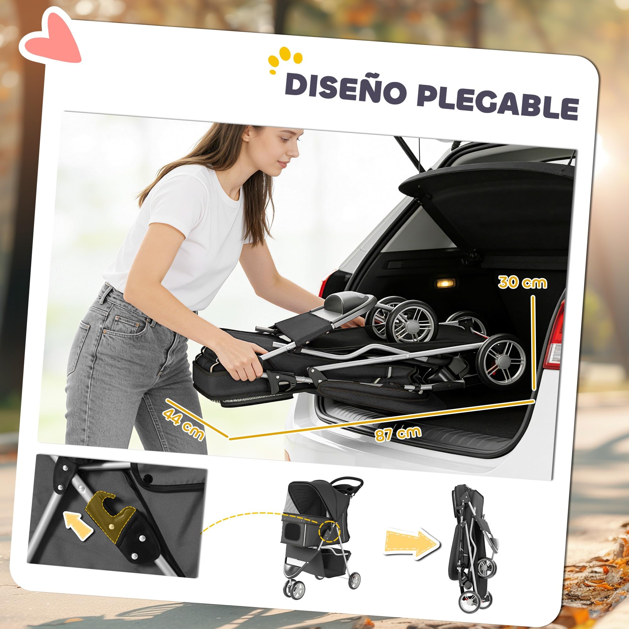 PawHut Carrito para Perros Plegable, Cochecito para Perros Pequeños con Cesta de Almacenaje, Ventanas de Malla, Portavasos y Ruedas, Carga 10 kg, 77x44x102 cm, Gris Oscuro