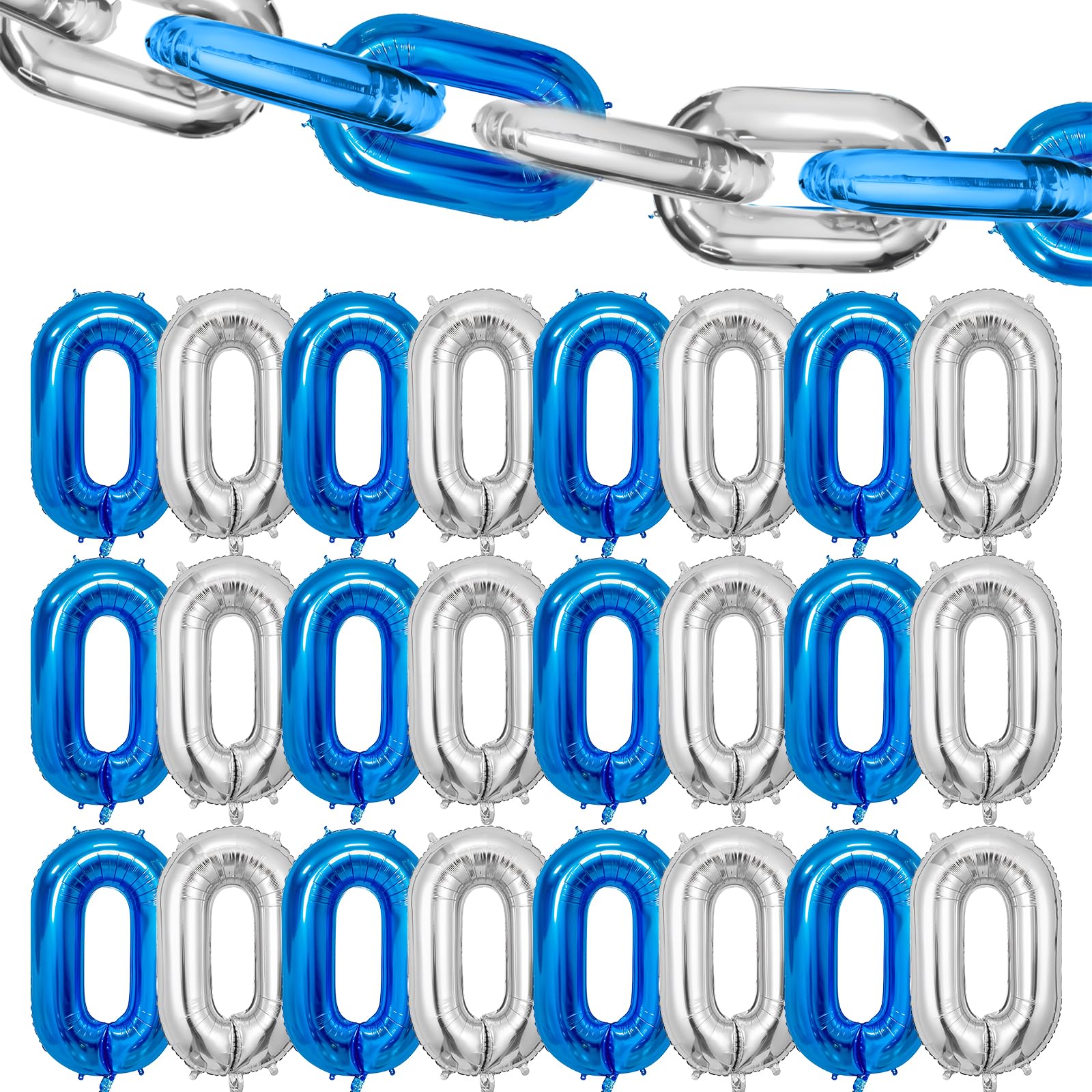 Blue Silver Chain Balloons, 24PCS Giant Chain Foil Balloons Garland for 80s 90s Hip Hop Party Decorations