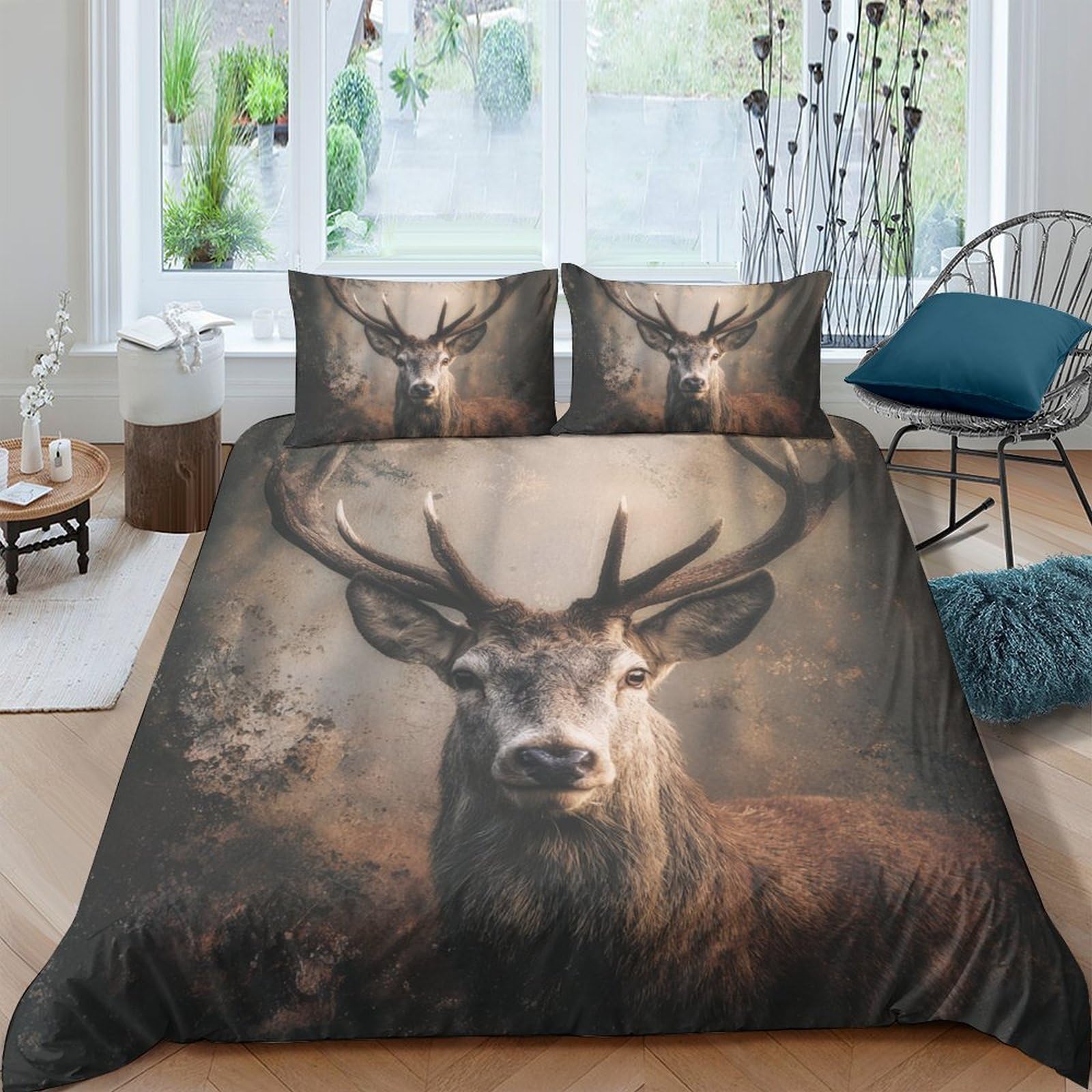 Ctjqhvkz Style-4 3D Printed Forest Deer Fitted Sheet Microfiber Soft Breathable Woodland Stag Mattress Cover Bedroom Decor Single（135X200cm）