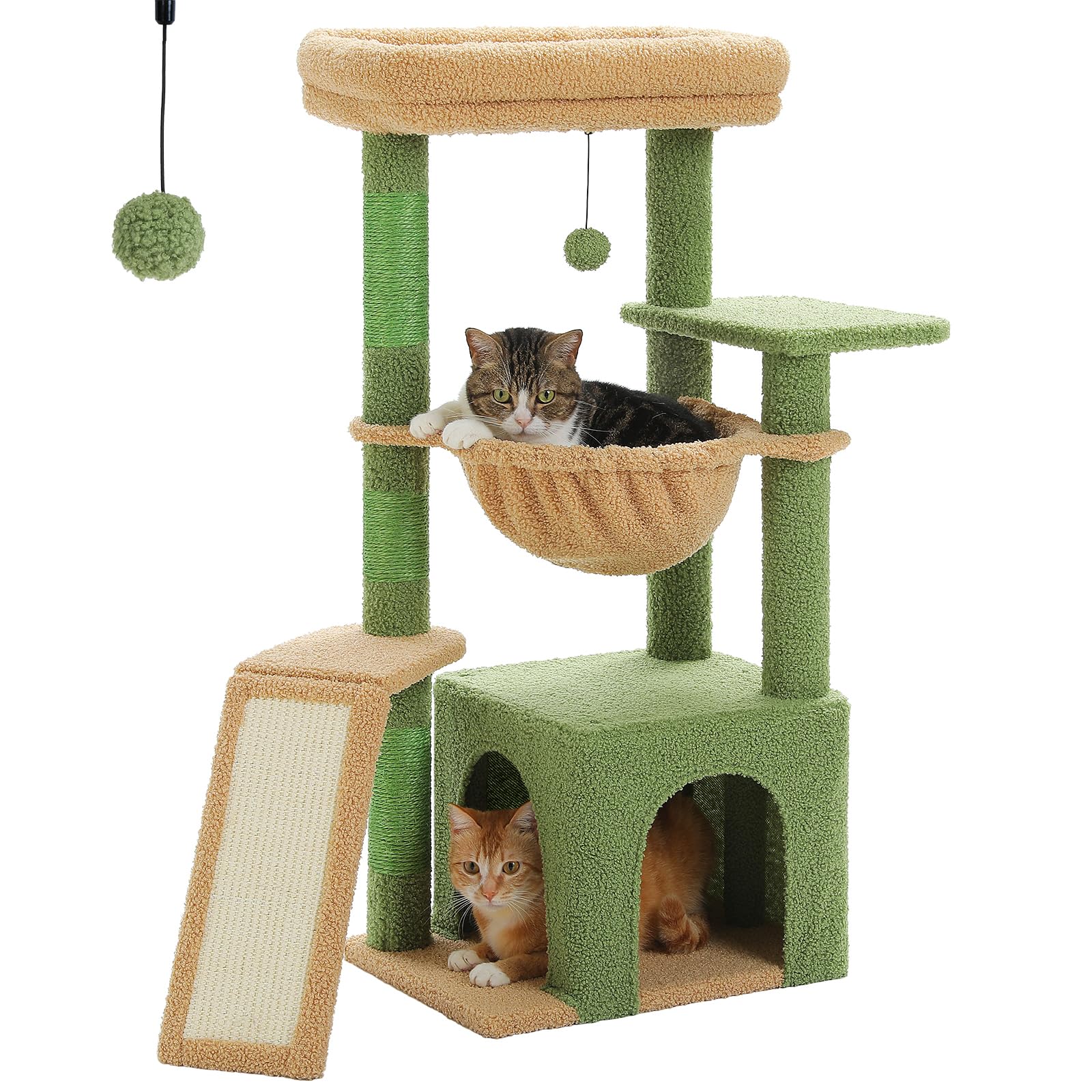 PAWZ Road, Struttura ad albero per gatti, da interni, con spaziosa cuccia, 1 piano in sisal, 3 pali tiragraffi, grande amaca e trespolo, 90 cm, verde