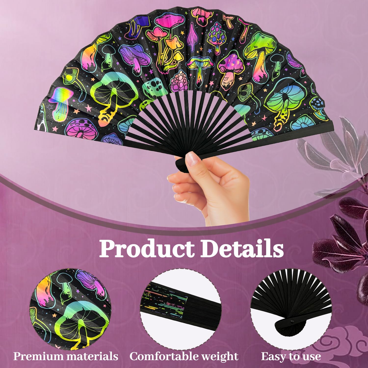 Abanico Plegable para Adultos, Abanico Rave Premium, Abanico de Mano para Fiestas, Disco, Playa, Drag Queen, Regalo Accesorio Rave (patrón de Hongos)