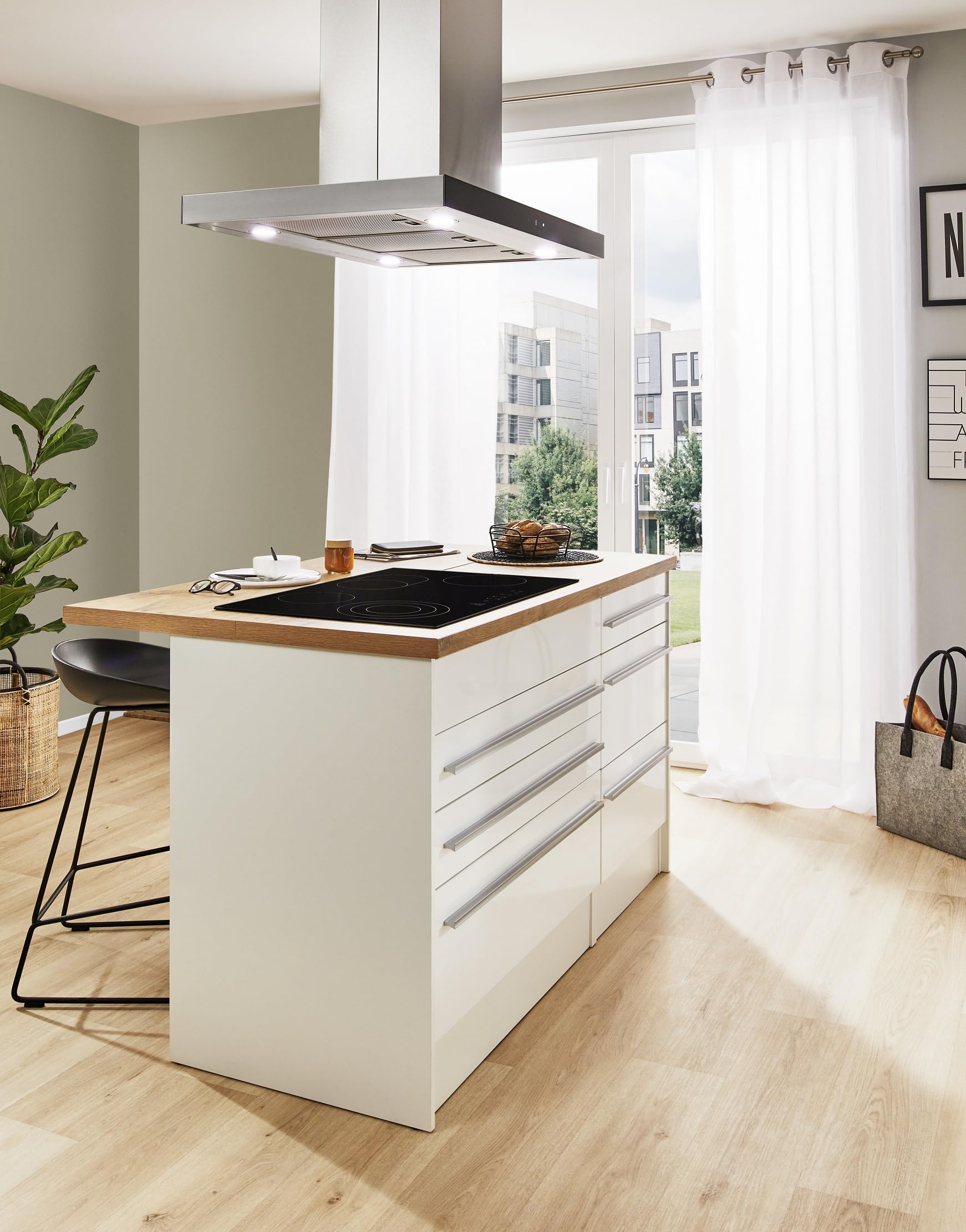 Respekta Cappa Aspirante, Cappa a Isola 90 cm, Struttura in acciaio inox con paralume in vetro Nero, Funzione di scarico e ricircolo d'aria, CH44099GISAM, A, 58–73 dB