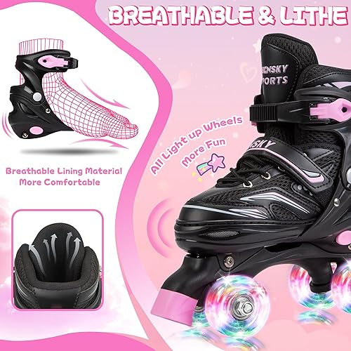Miniatura 4 de Patines para niños de 3 a 12 años, 4 tamaños ajustables para niños con 8 ruedas iluminadas, patines para niñas Rosa (Sakura