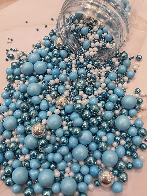 Metallic / Shimmer Balls Edible Cupcake Cake Topper Sprinkles (35g Pouch) (Blue Metallic Mix)