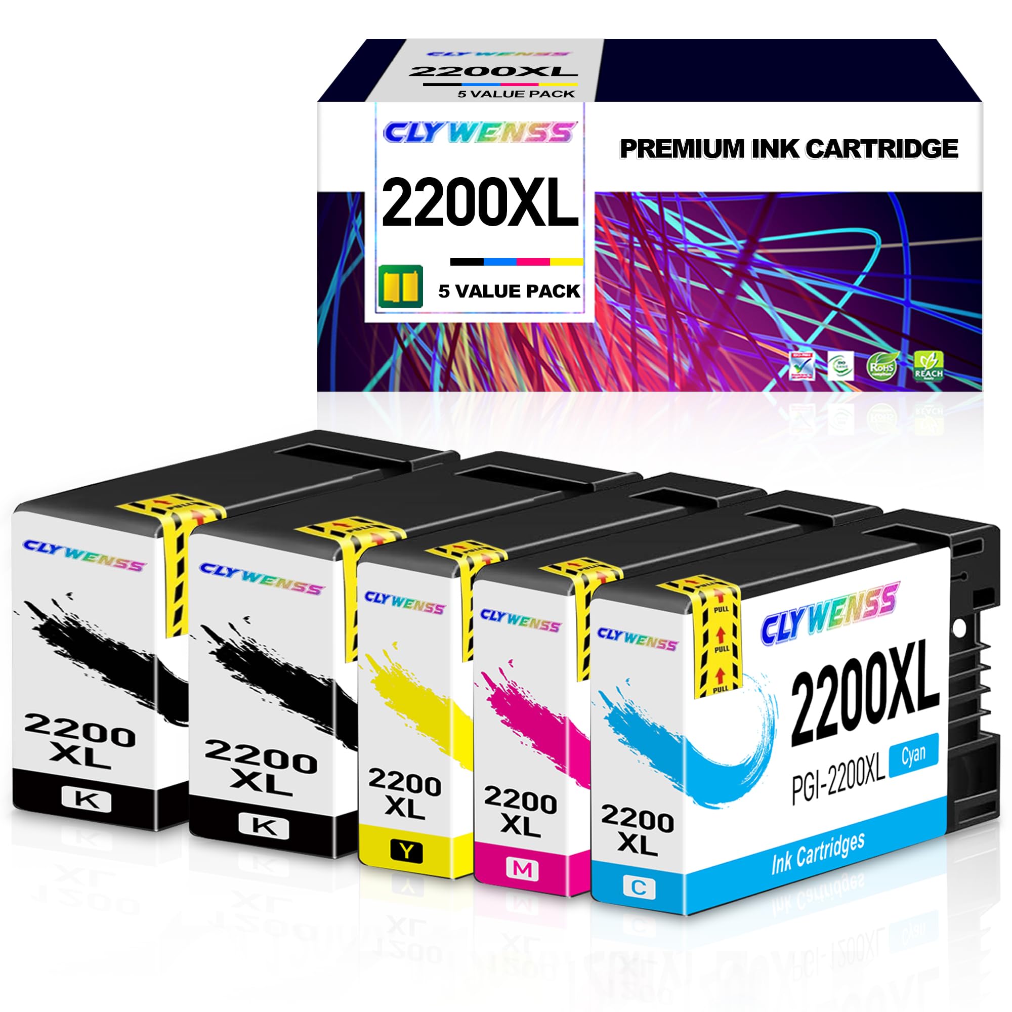 CLYWENSS 5 Pack 2200XL Ink cartridges Replacement for Canon PGI-2200XL PGI2200 XL Compatible to MAXIFY iB4120 iB4020 MB5020 MB5120 MB5320 MB5420