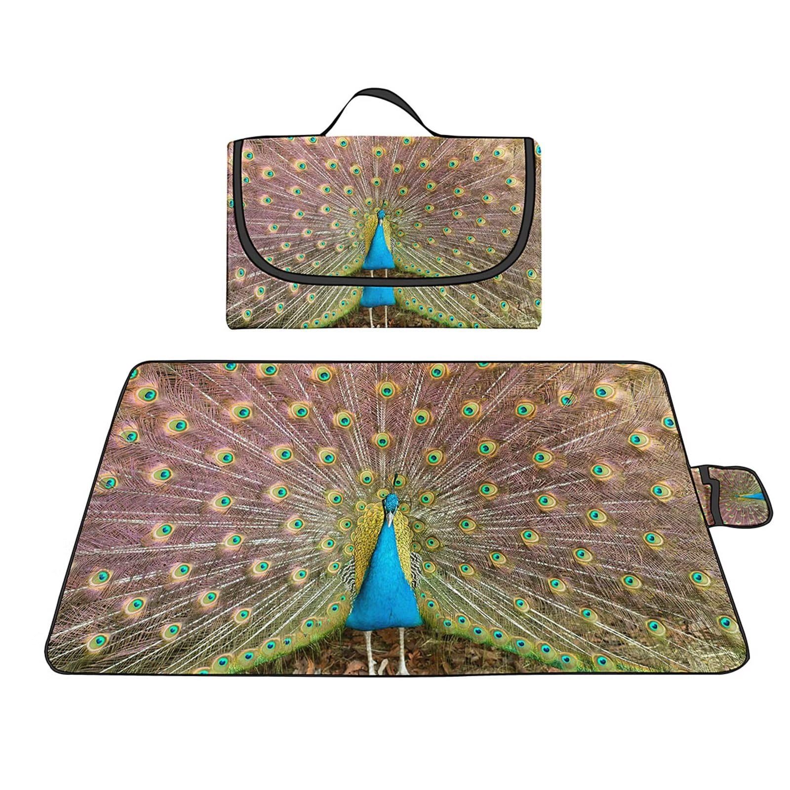 Couverture Pique-Nique 150x150cm,Beau paon Grand Nappe Pique Nique Impermeable Lavable Tapis Picnic avec Poignée,Pliable Picnic Blanket Tapis de Plage Polyvalent pour Barbecue,Pique,Randonnée,Voyages