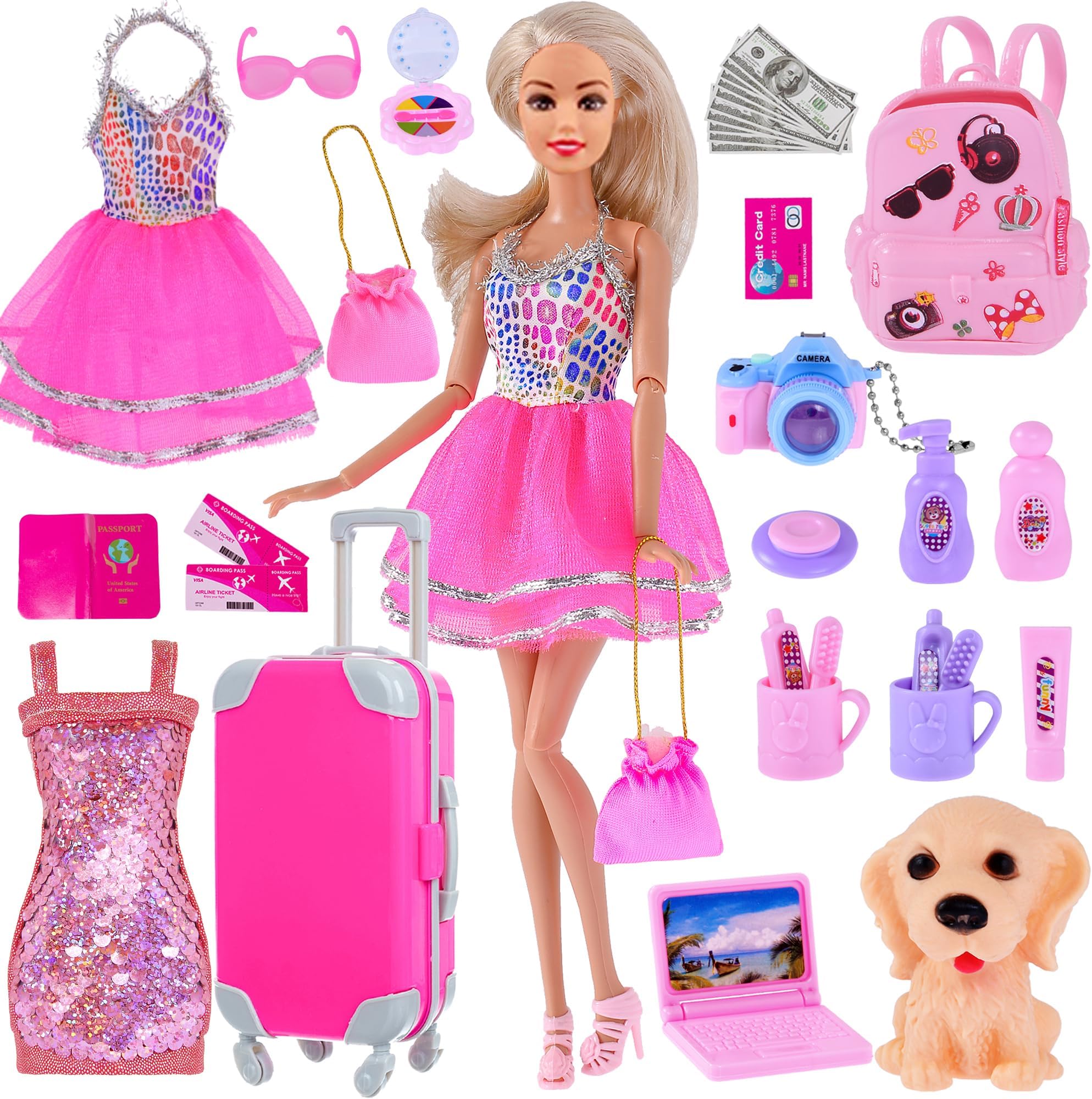 Fashion Total 35pc Doll Clothes Dress Accessories Travel Luggage Suitcase Set with Puppy for 11.5 inch Girl Dolls (No Doll)