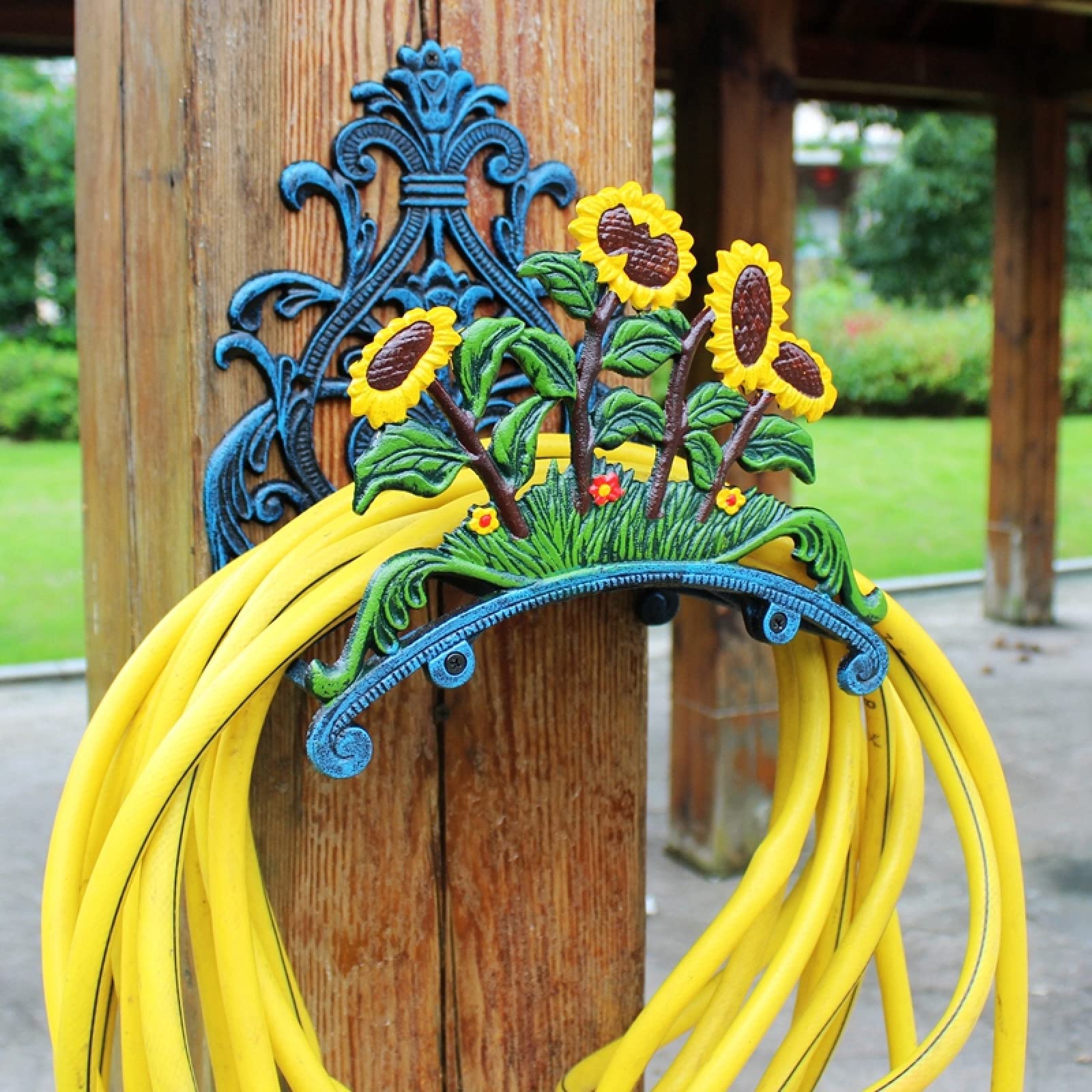 Soporte de manguera de agua de hierro forjado de hierro fundido, adornos de jardinería de hierro fundido, soporte de manguera de jardinería, soporte de manguera de agua de girasol