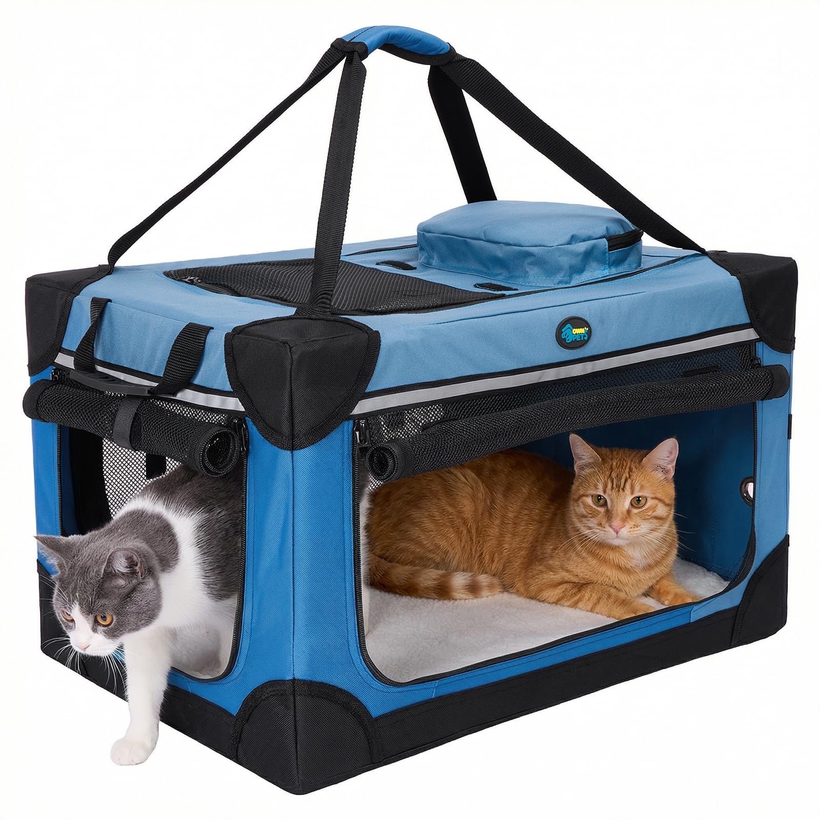 Ownpets 60x40cm Klappbarer Hundekäfig für Katze&Hundewelpe, Tragbarer Reisehundekäfig, 4-Türiger Faltenbarer Haustierkäfig mit Robusten Netzfenstern und Weicher Matte, Blau