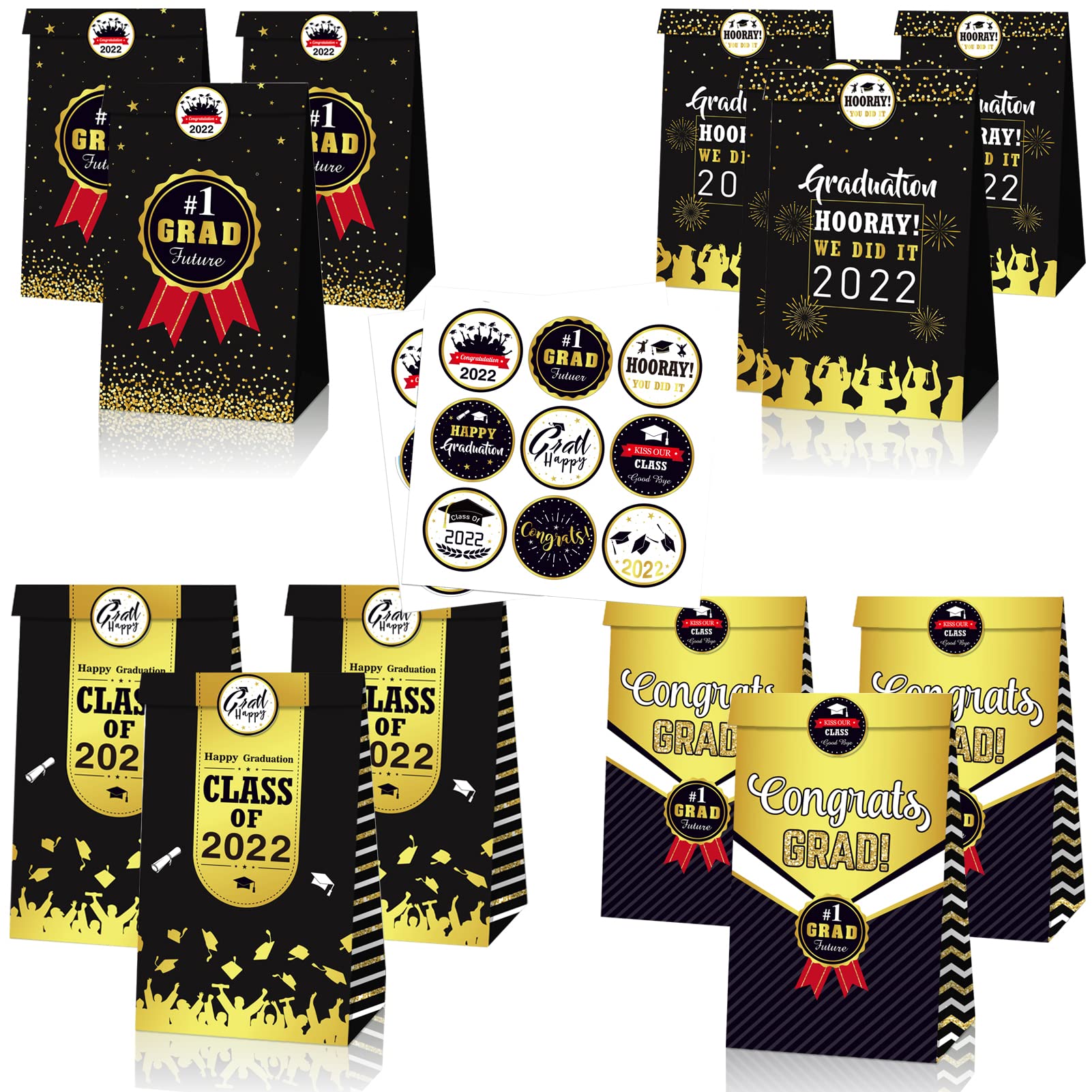 FAPUMOE 12PCS 2022 Graduation Party Favor Bags Paper Gift Bags with Round Stickers, Congratulation Grad Treat Candy Bags Black with Gold Gift Bags Graduates Celebration Gift Wrapping Bags
