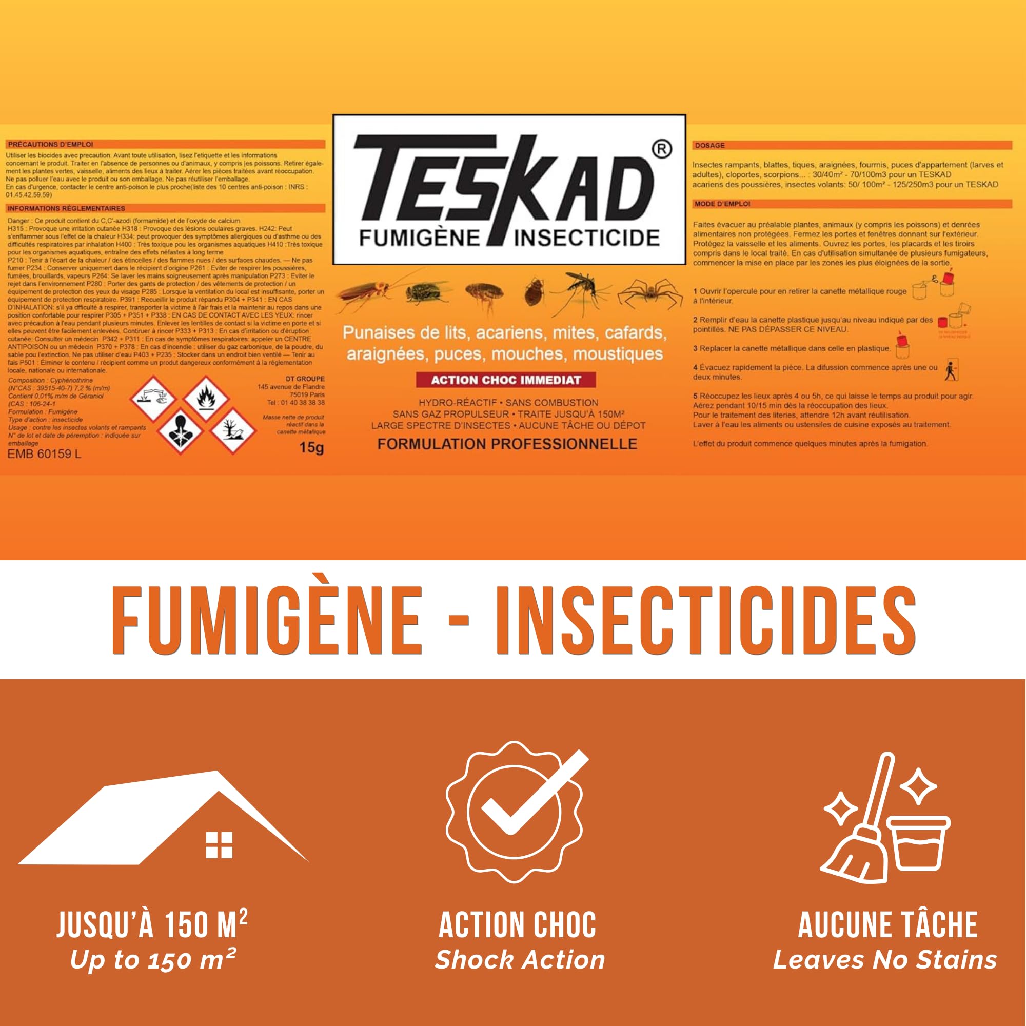 Fumigène Insecticide – Anti Puces, Punaises de Lit, Cafards, Mites, Araignées, Mouches, Moucherons – Action Choc Jusqu’à 250m³ – Traitement Intérieur Efficace