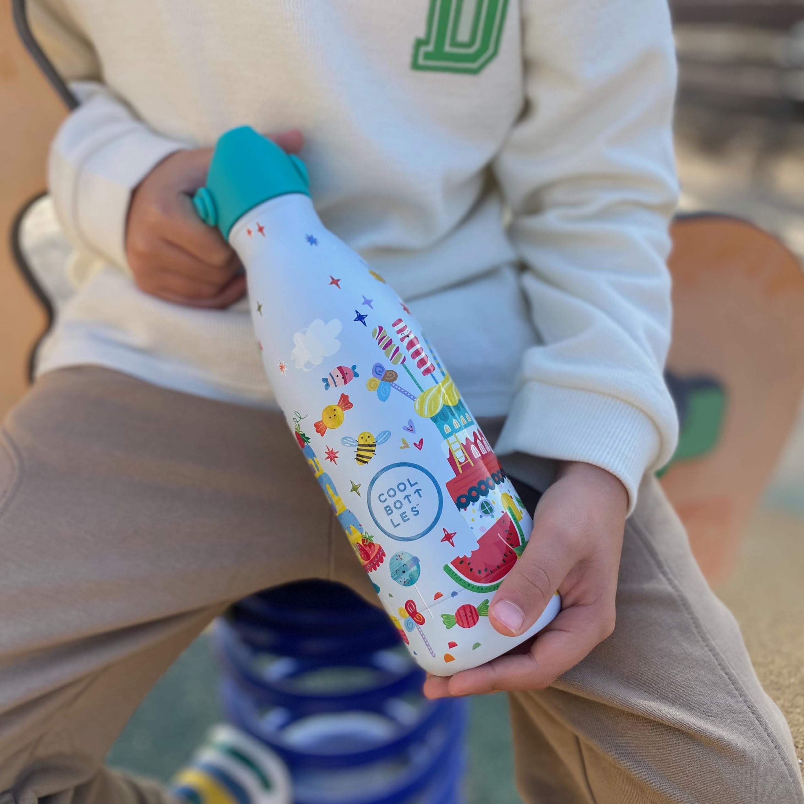 Cool Bottles - Butelka termiczna dla dzieci - Butelka na wodę ze stali nierdzewnej - 350 ml - Candy Land- Zimne napoje 36 godzin i gorące 18 godzin - Wykończenie farbą wytłaczaną - Nie zawiera BPA