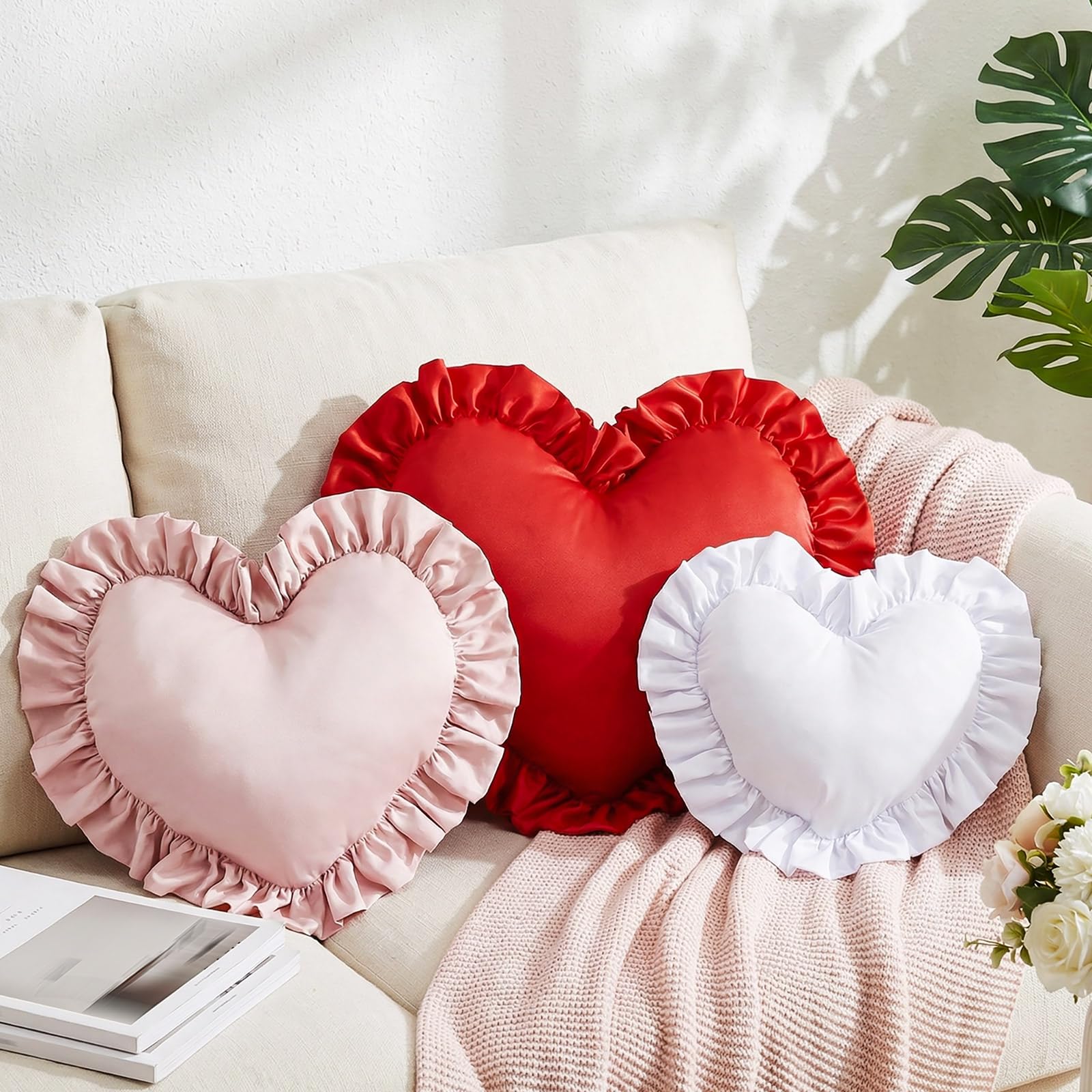 Heart Shaped Throw Pillow Set of 3, Ruffle Valentine's Day Pillows for Couch Sofa Bed, Red Pink White Love Decorative Plush Cushions, Cute Romantic Anniversary Home Decor, Gift for Her