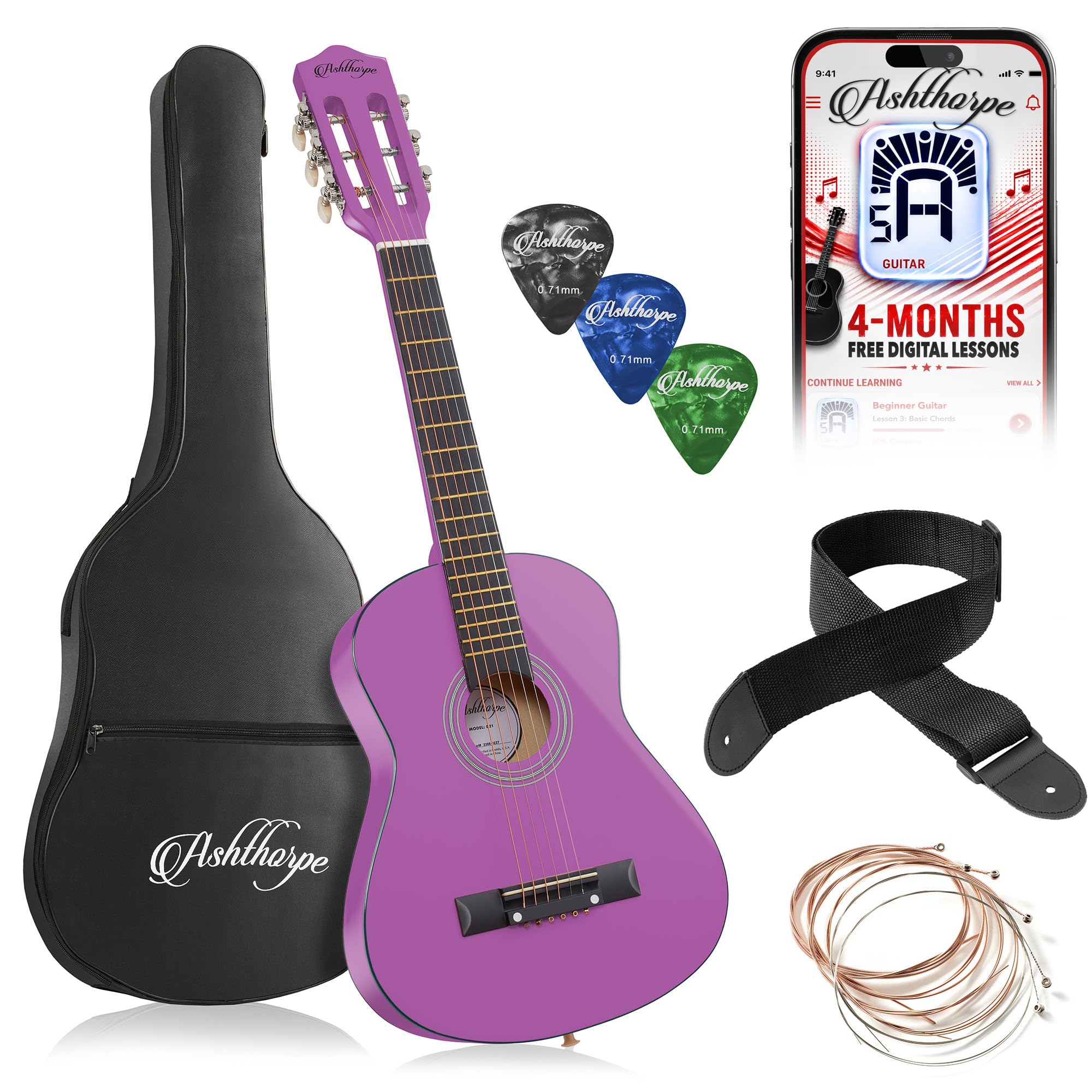Ashthorpe 30-inch Kids Acoustic Guitar (Purple), Beginner Starter Kit with Gig Bag, Extra Strings, Strap, Picks, and Lessons