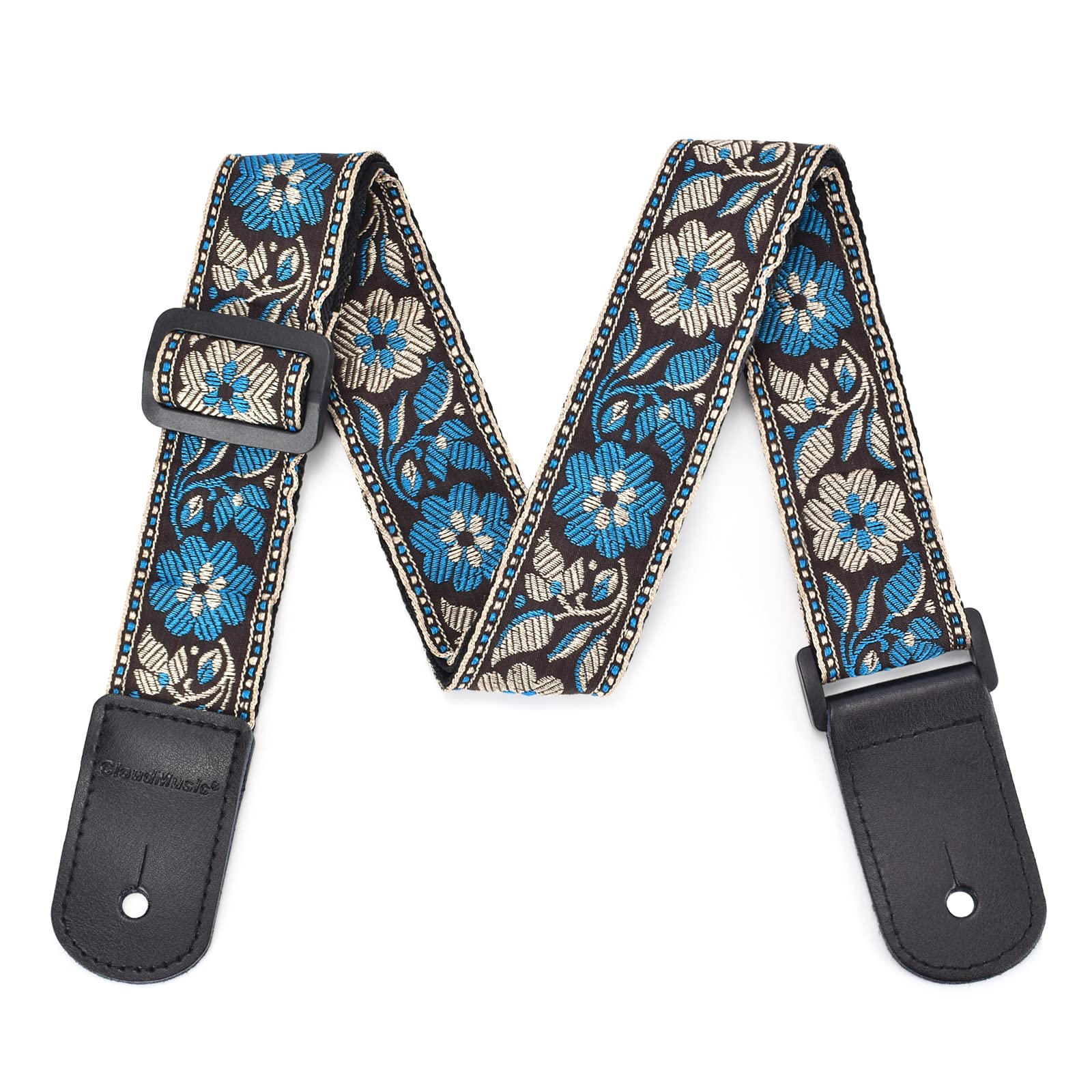 CloudMusic Wysokiej jakości regulowany pasek ukulele Hootenanny w stylu hootenanny wytrzymały bawełniany i prawdziwa skóra łatwe wkręcanie końcówka i koronkowy krawat 132 cm x 4 cm artystyczny kwiat wzór