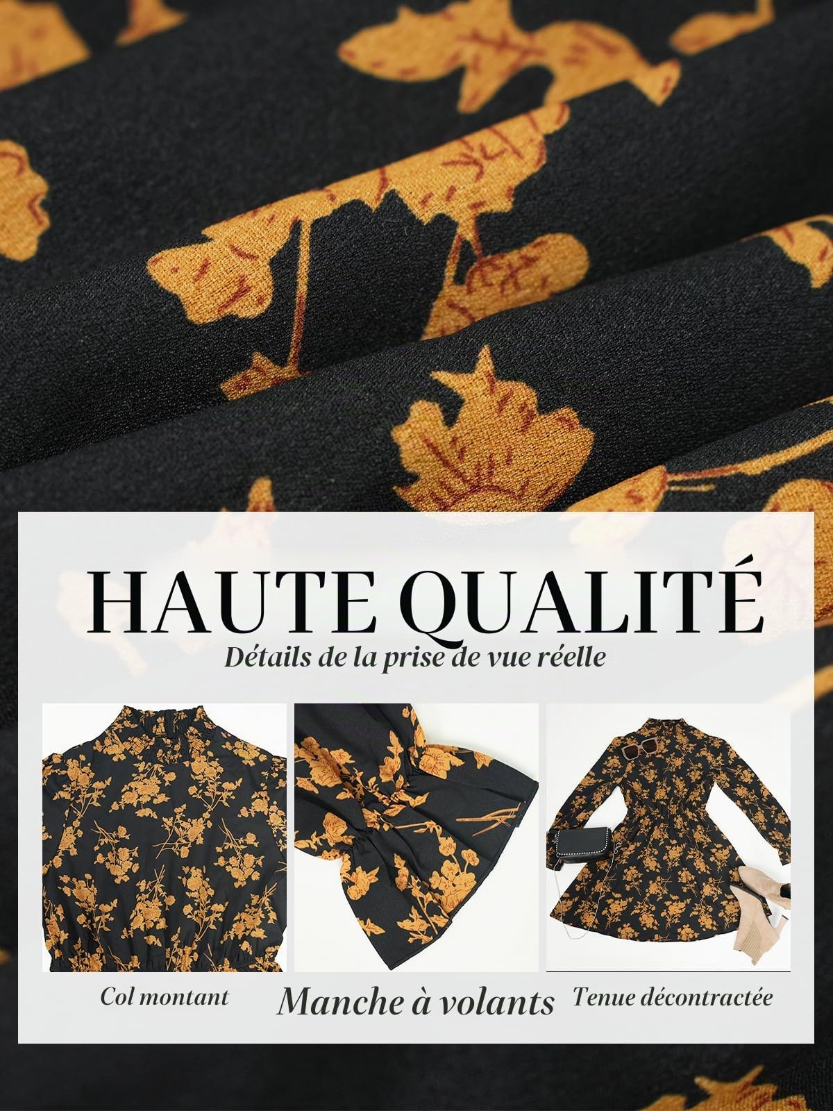CUPSHE Robe pour femme à col haut à manches longues Motif floral, jaune