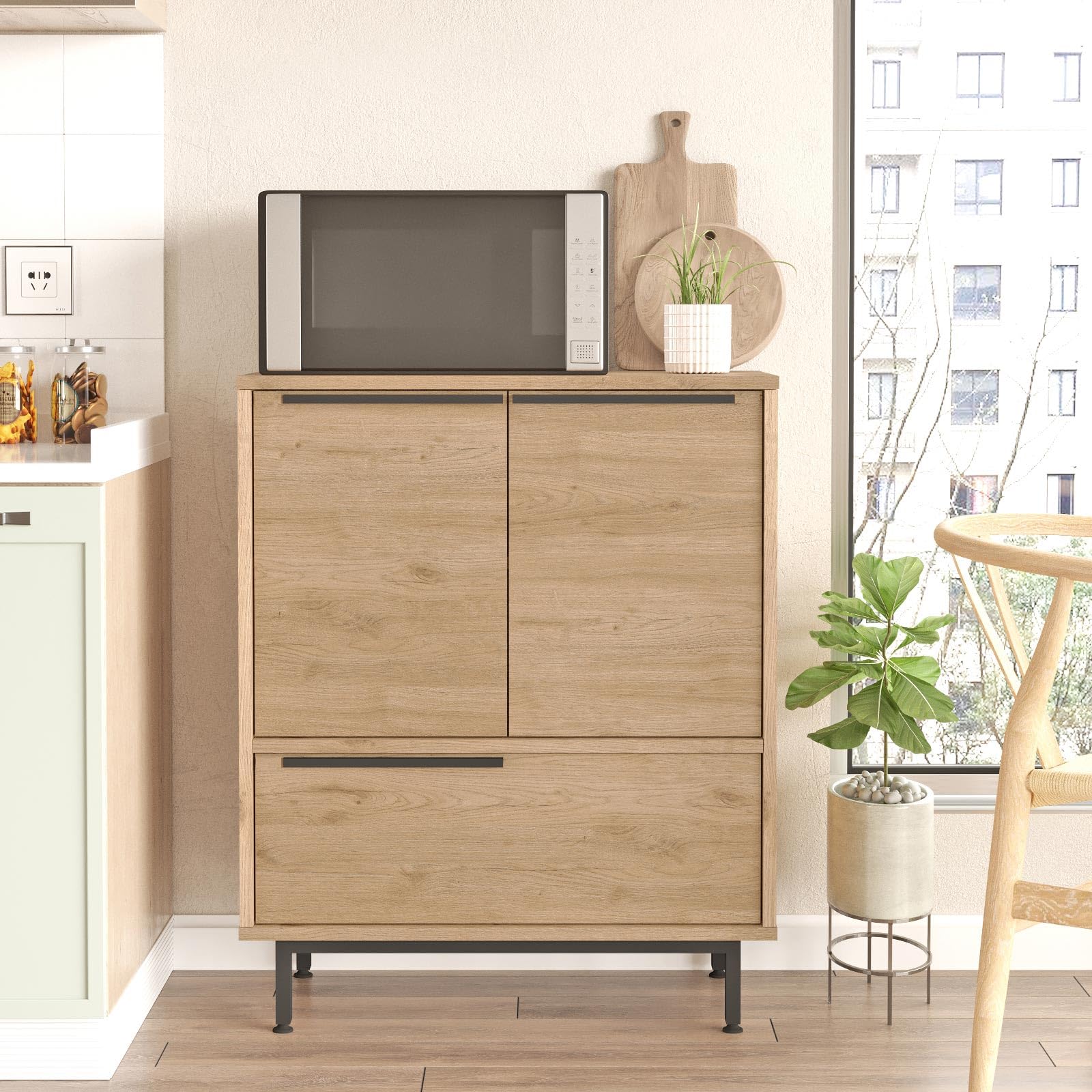 Buyqualia – Aparador de Madera Acabado Roble con Patas Metálicas – Estilo Moderno Industrial – Mueble de Almacenaje para Salón, Comedor o Recibidor