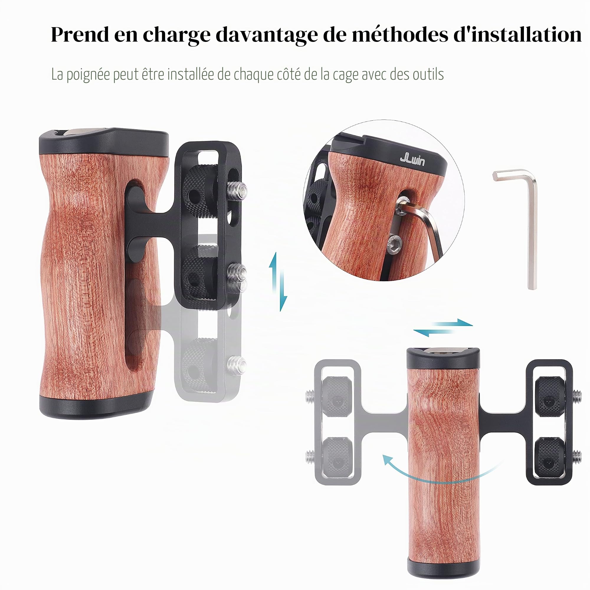 Hersmay Poignée latérale universelle en bois pour appareil photo avec support de griffe de 0,6 cm et 3/8" Trou de vis