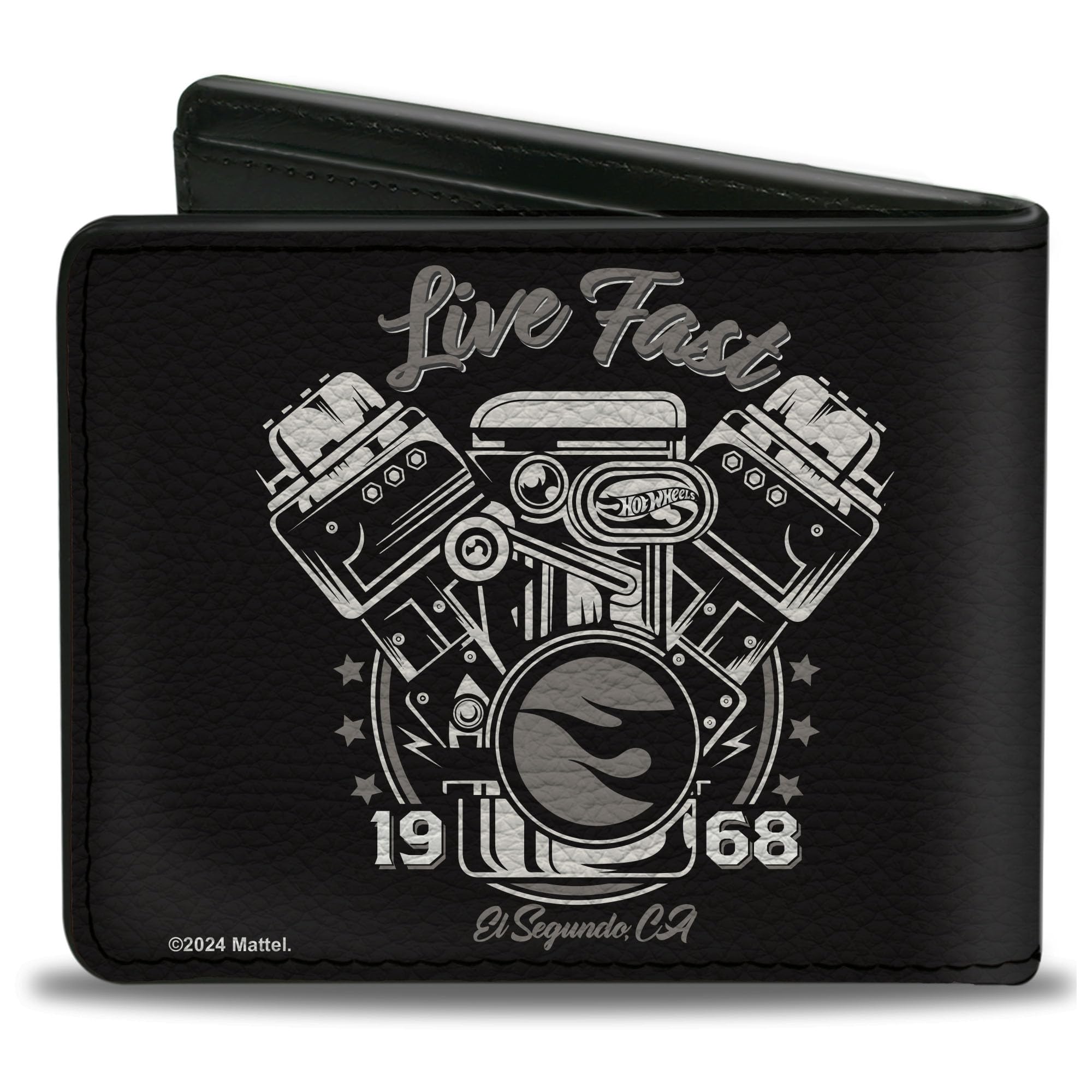 Buckle-Down Mattel Wallet, Bifold, Hot Wheels Live Fast 1968 Engine Pistons Black Grays, Vegan Leather