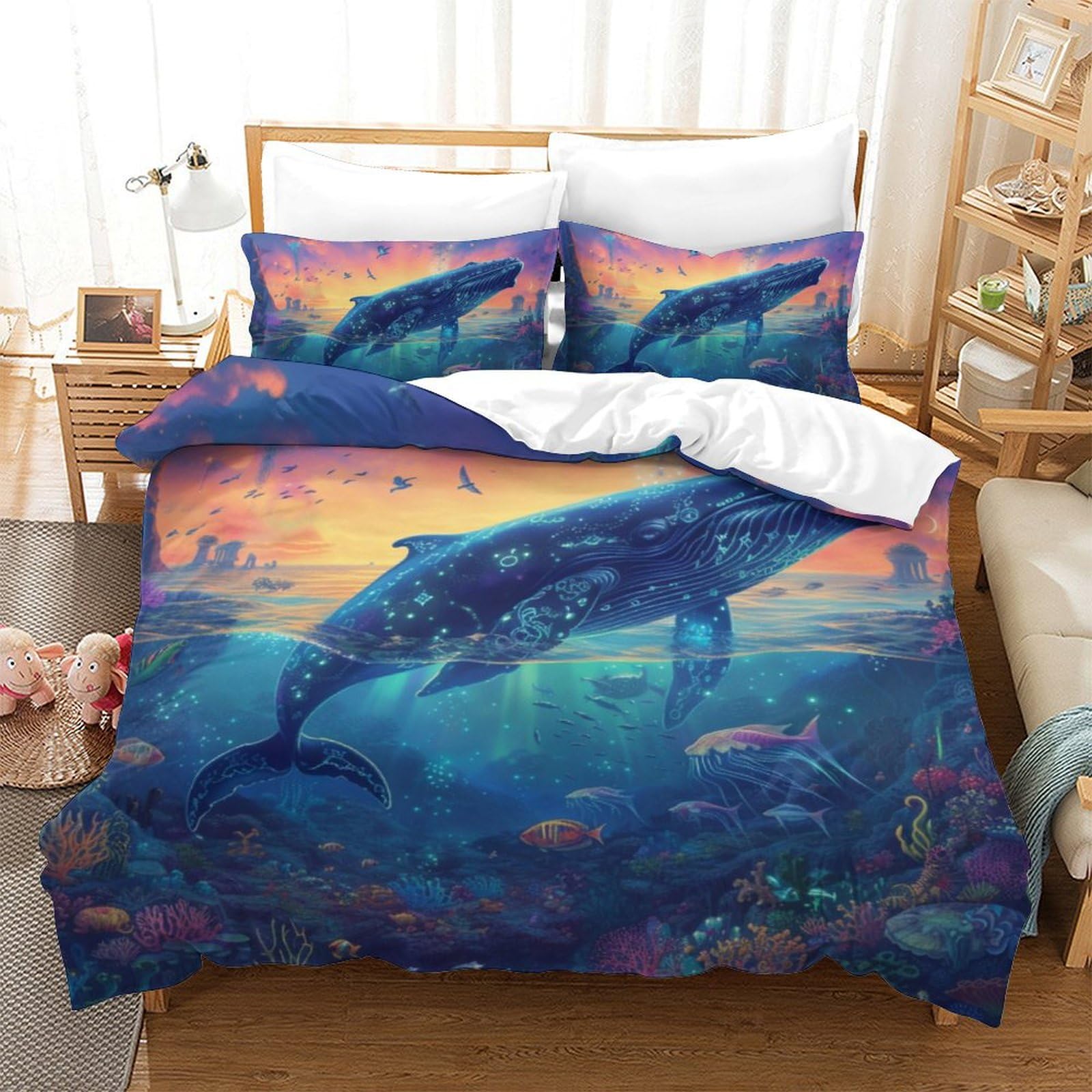 Housse de couette baleine 3D 200x200cm en microfibre avec taies