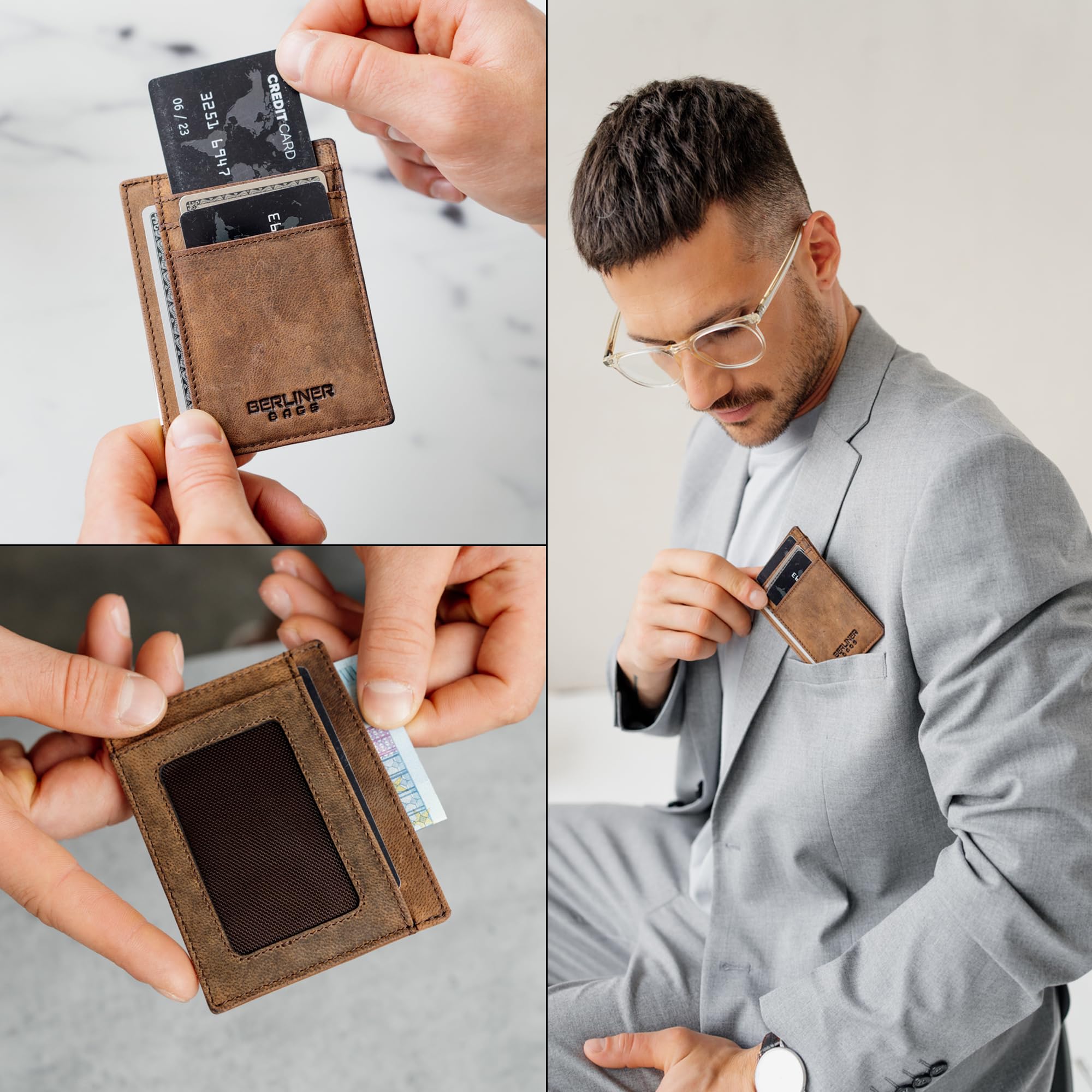 Berliner Bags Karl Tarjetero de Piel Vintage Hombre con RFID y Ventana DNI | Marrón Billetera De Cuero Slim Más De 6 Tarjetas Bolsillo Oculto Con Protección Nfc Estilo Único Elegante Práctico Y Fino