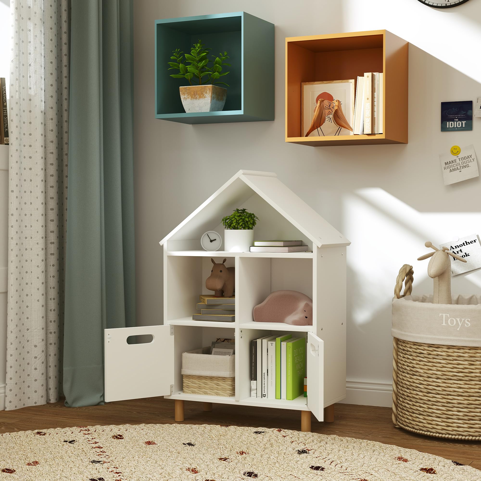 AIYAPLAY Bibliothèque Enfants 3 Niveaux 2 Tiroirs 63,7x29,7x89,5 cm Blanc | Meuble de Rangement, Forme Maison, pour Chambre à Coucher Et Chambres d'Enfants