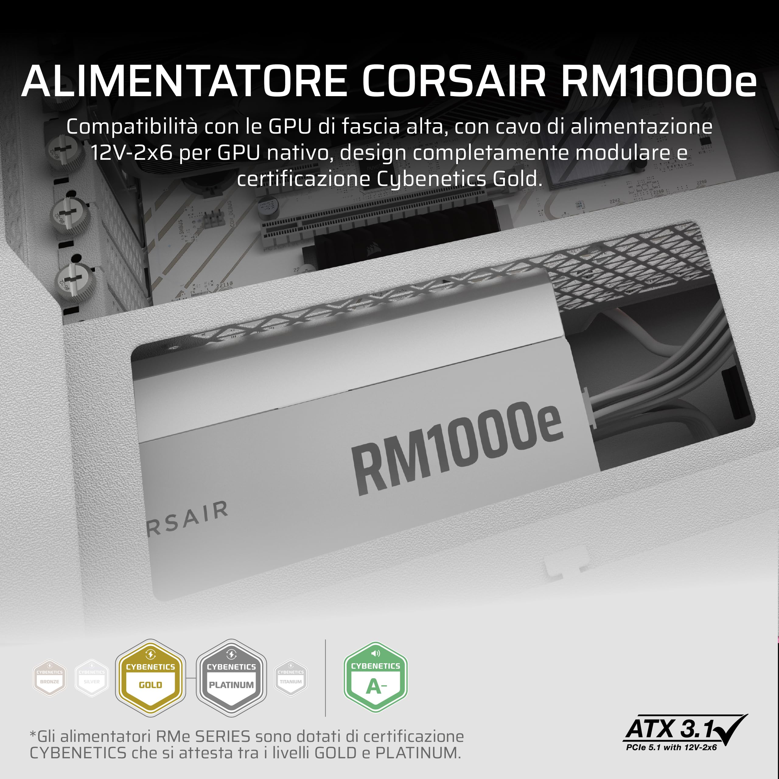 CORSAIR RM1000e (2025) Alimentatore ATX Completamente Modulare a Basso Rumore con Cavo 12V-2x6 – Compatibile con ATX 3.1 e PCIe 5.1, Efficienza Cybenetics Gold, Condensatori a 105°C – Bianco